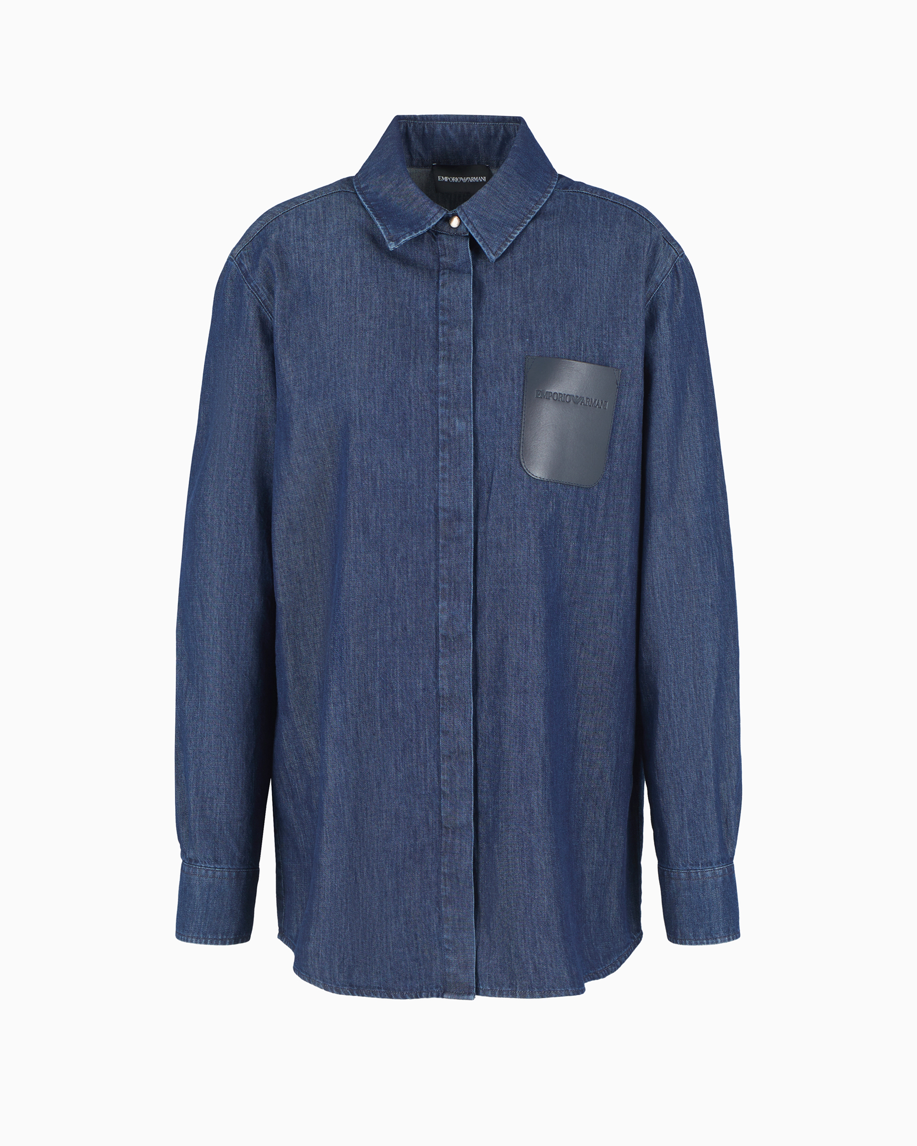 Emporio Armani Official Store Lightweight Worn-look Denim Shirt With Logo Leather Pocket In Blue