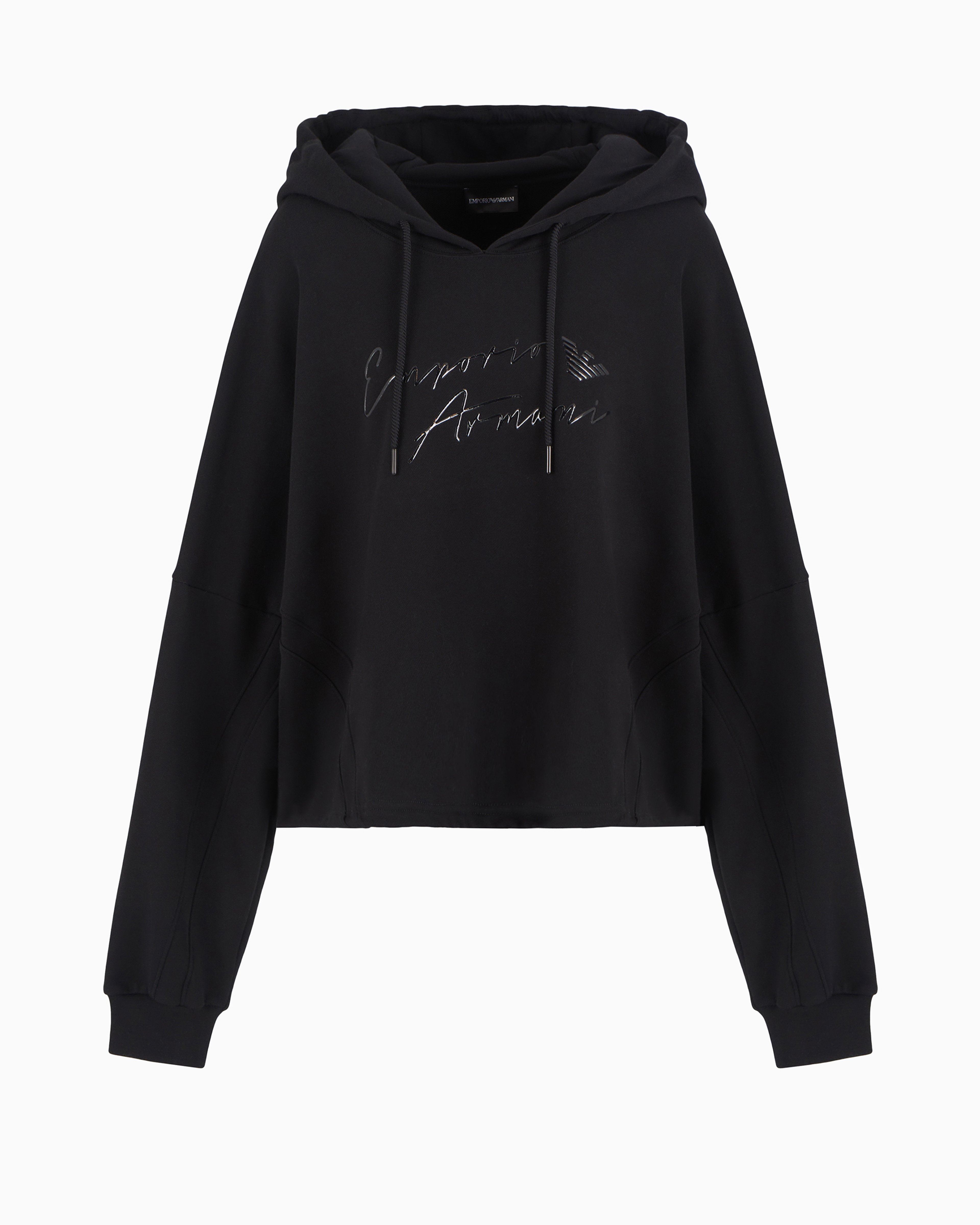 Emporio Armani Official Store Asv Hooded Sweatshirt With Shiny Rubberised Logo In Organic French Terry In Black