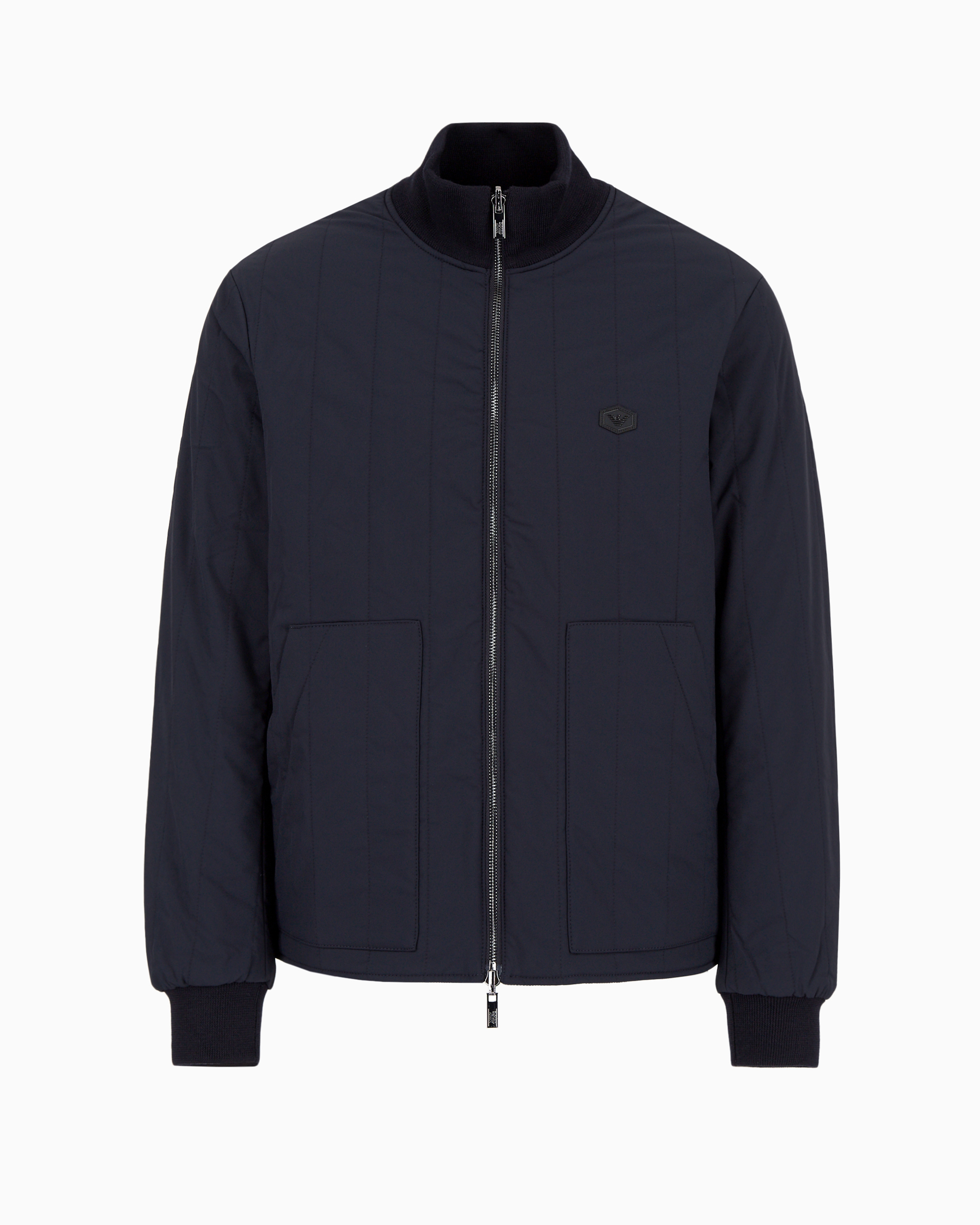 Emporio Armani Quilted Nylon And Knit Reversible Blouson With Logo Patch In Navy Blue