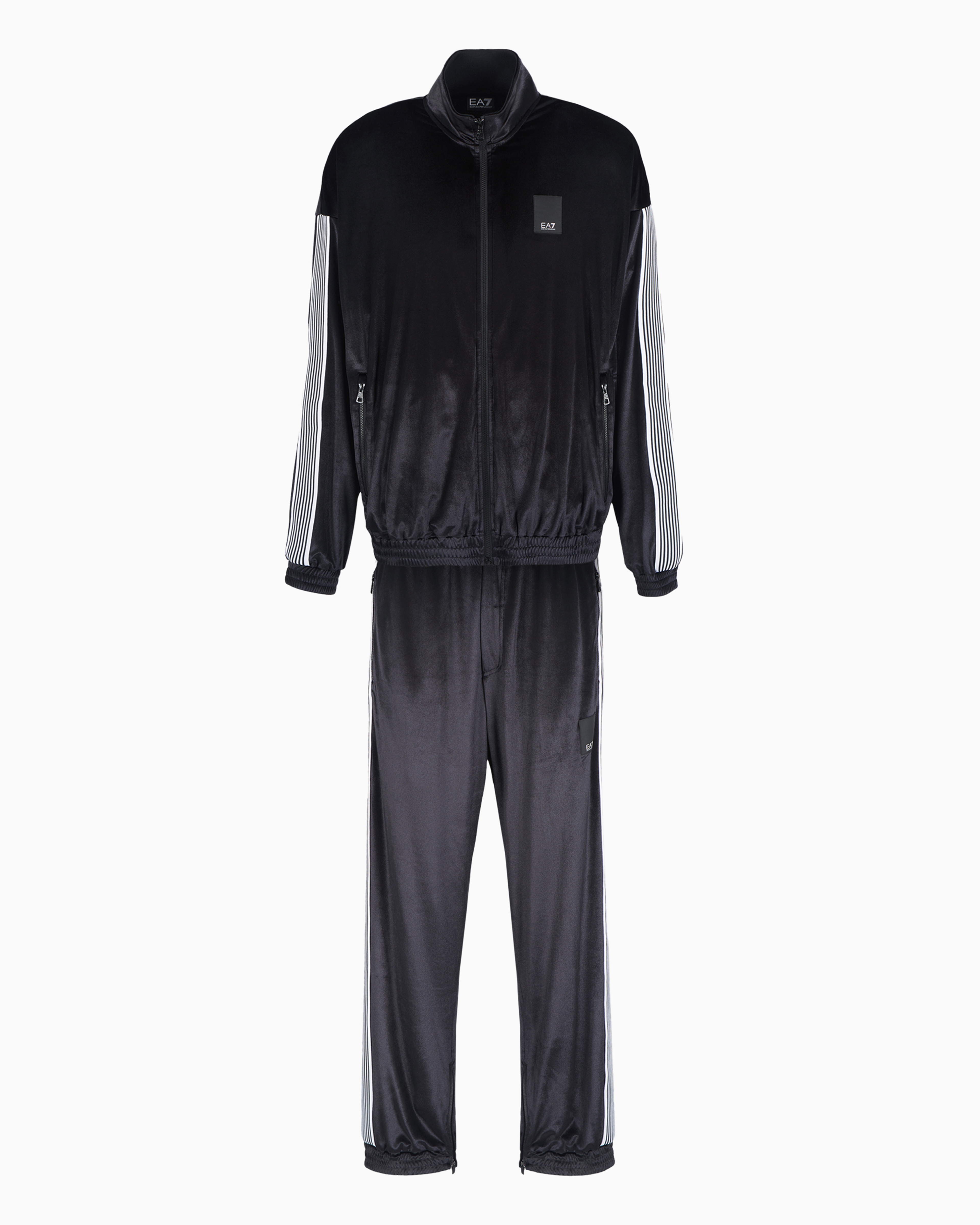 Ea7 7 Lines Chenille-effect Tracksuit In Stretch Technical Fabric In Black