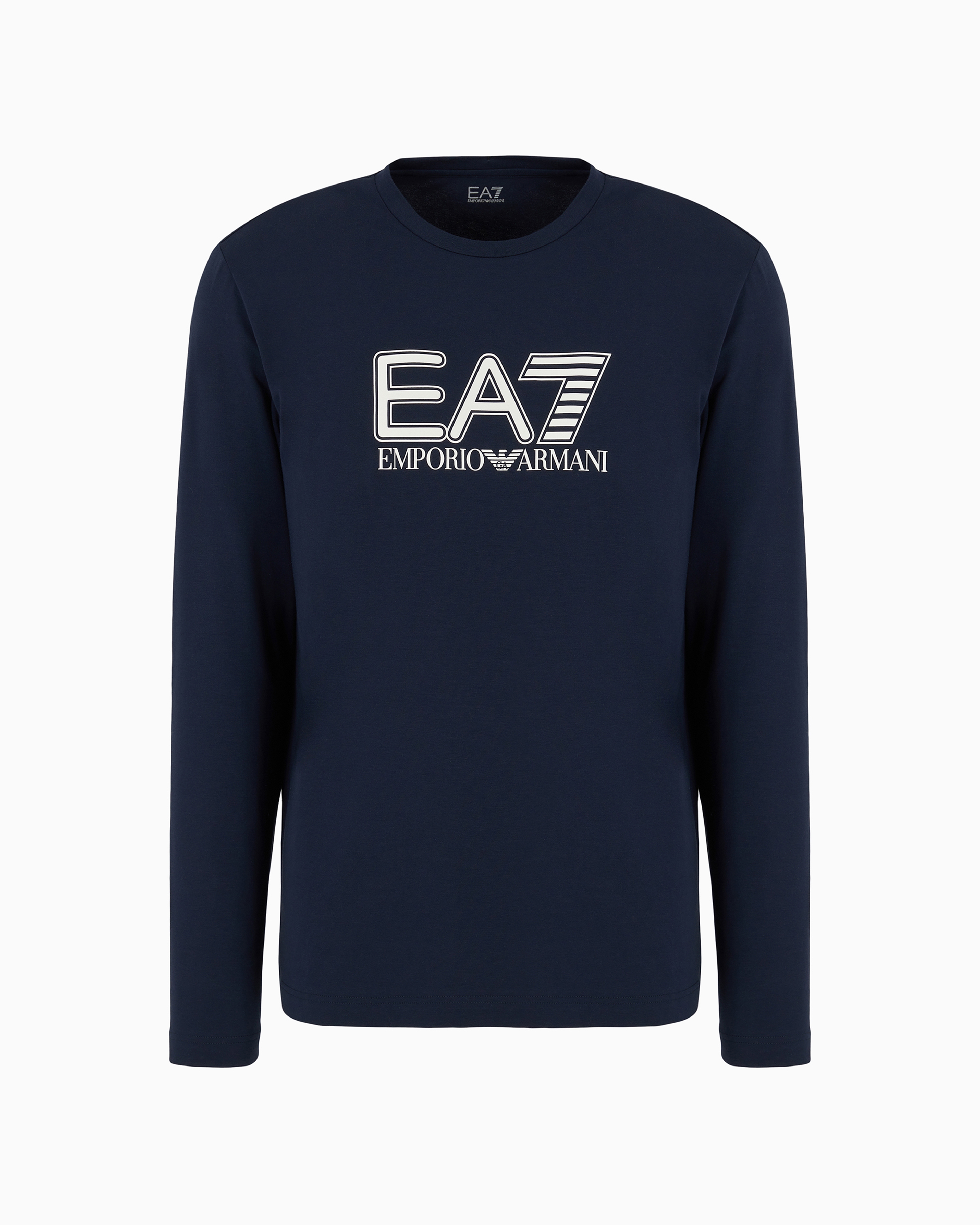 Ea7 Visibility Stretch-cotton Long-sleeved Crew-neck T-shirt In Blue