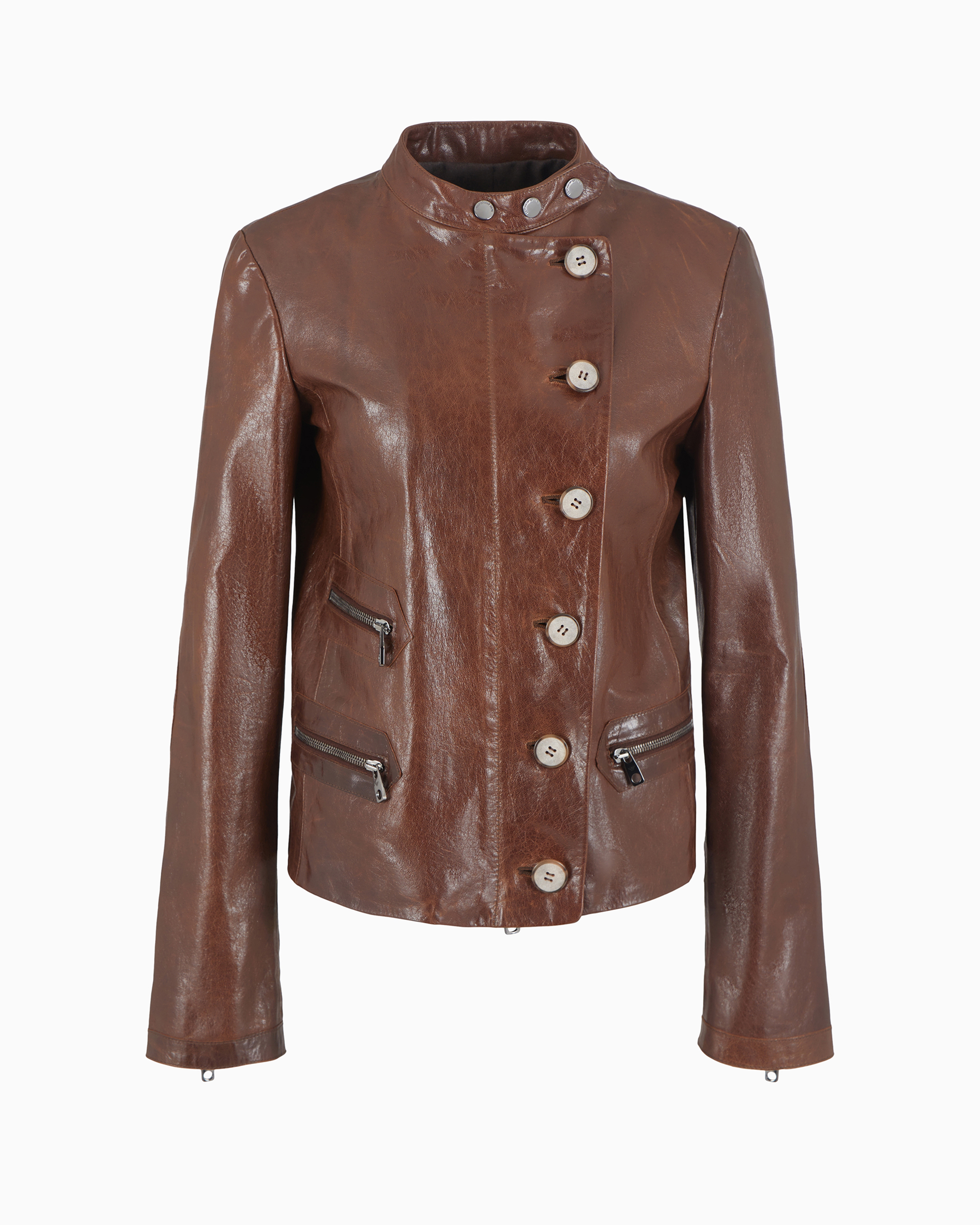 Emporio Armani Official Store Icon Slim-fit Jacket With An Off-centre Zip In Vegetable-tanned Tumbled Goatskin Napp In Brown