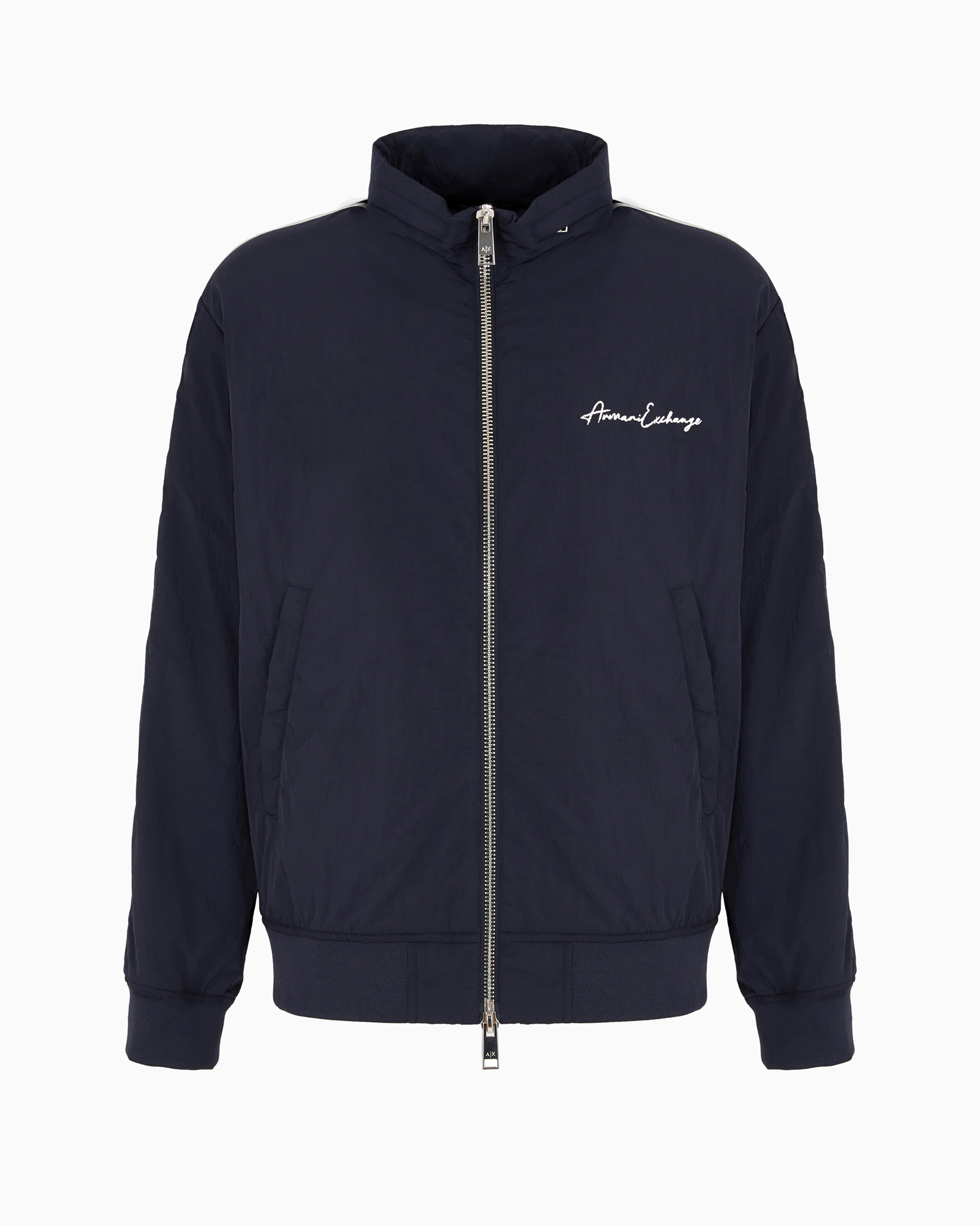 Armani Exchange Official Store Full Zip Blouson In Crinkle Fabric With Logo On The Chest In Navy Blue