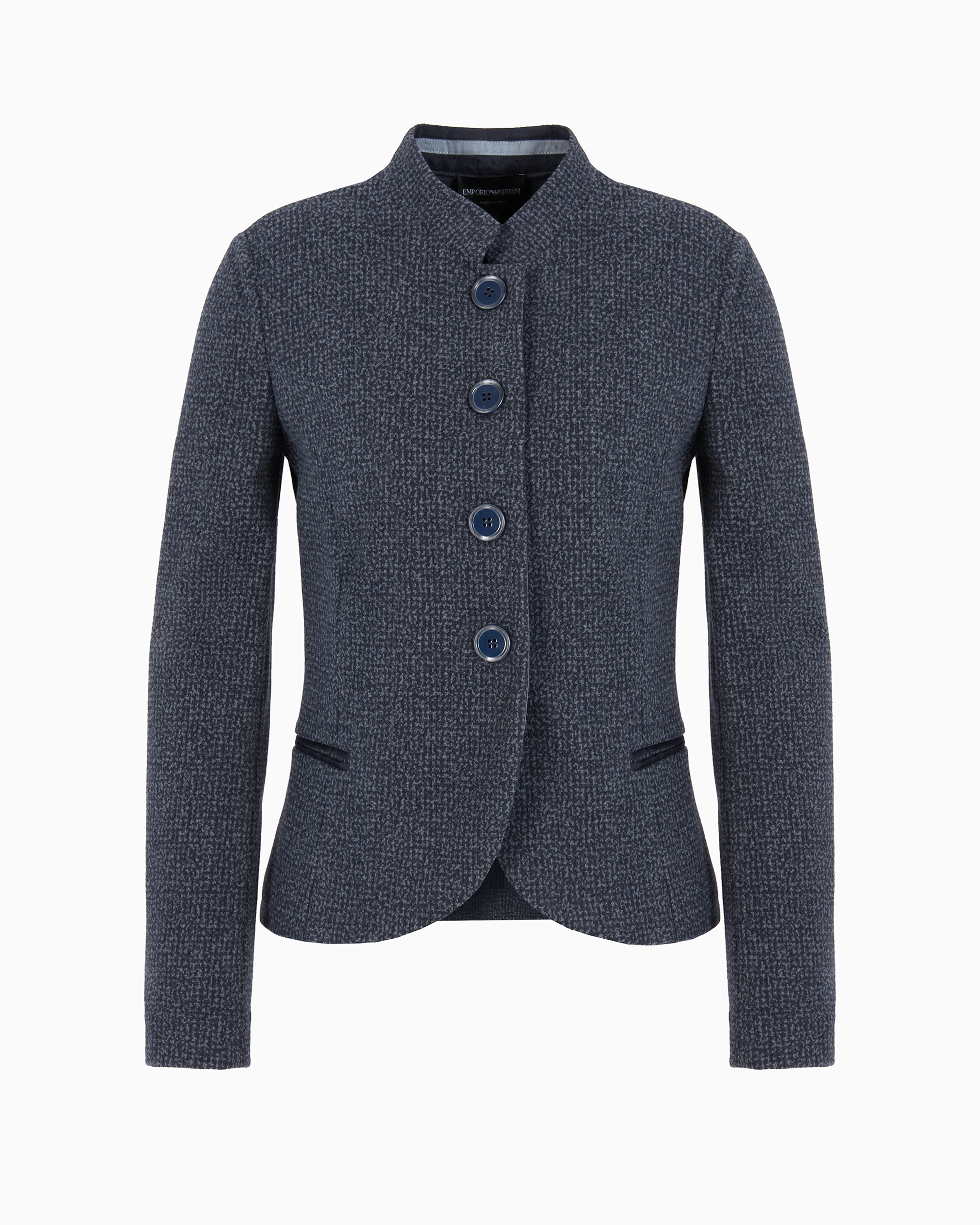 Emporio Armani Mélange Flannel Effect Jacquard Jersey Jacket With Guru Collar In Blue