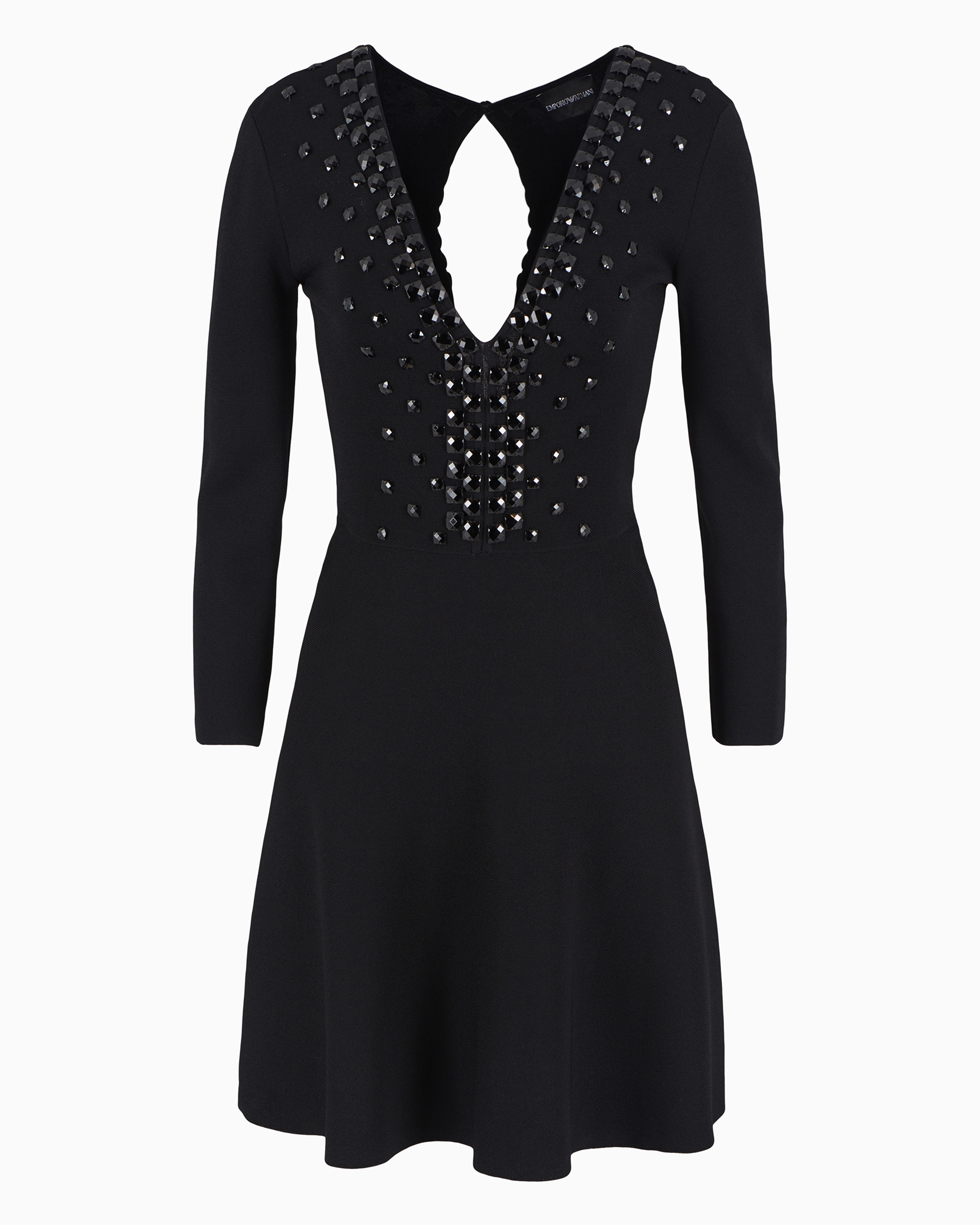 Emporio Armani Milano-stitch Fabric, V-neck Dress With Cabochon Gemstones In Noir