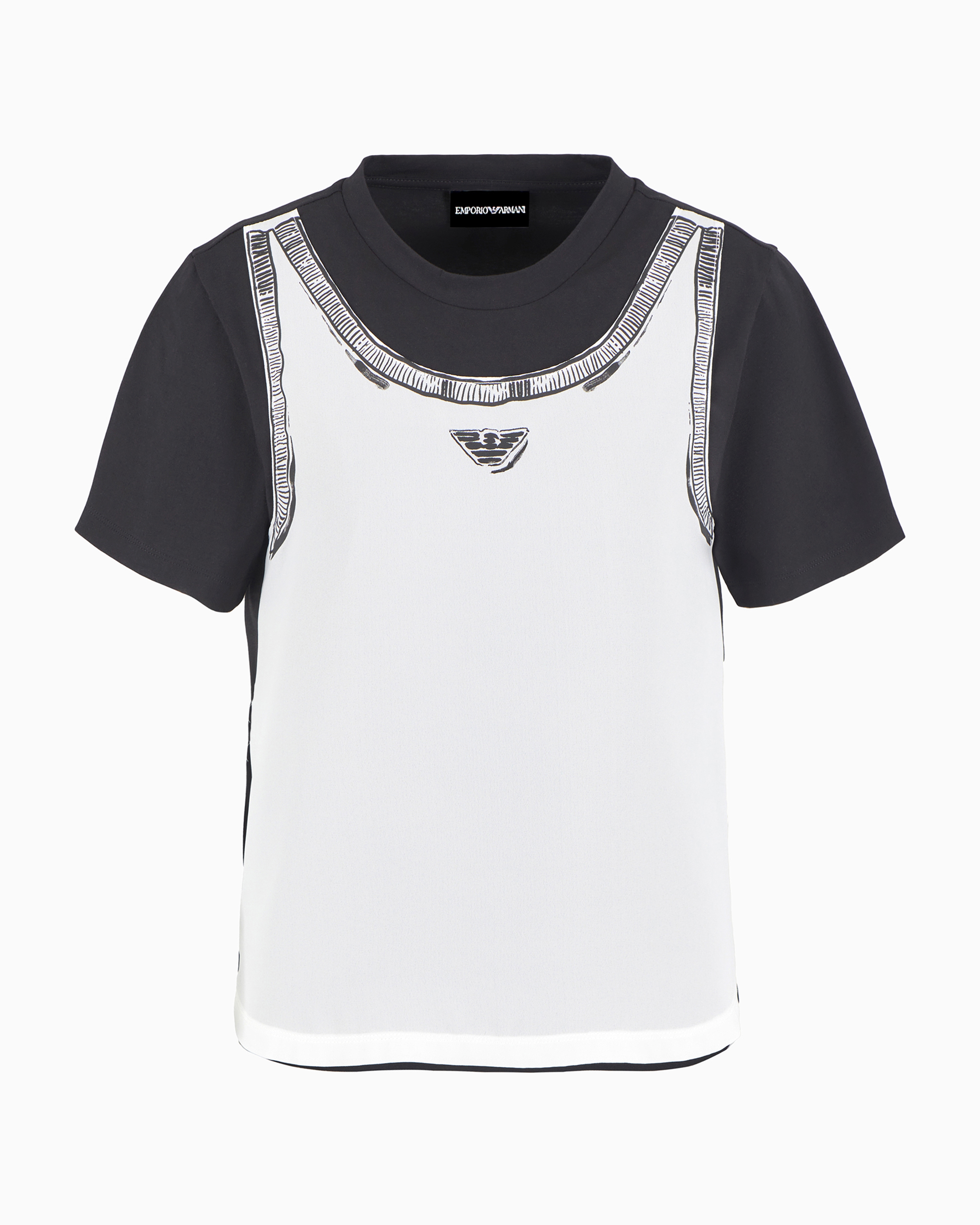 Emporio Armani Asv Organic Jersey T-shirt With Trompe L'oeil Georgette Top In Black