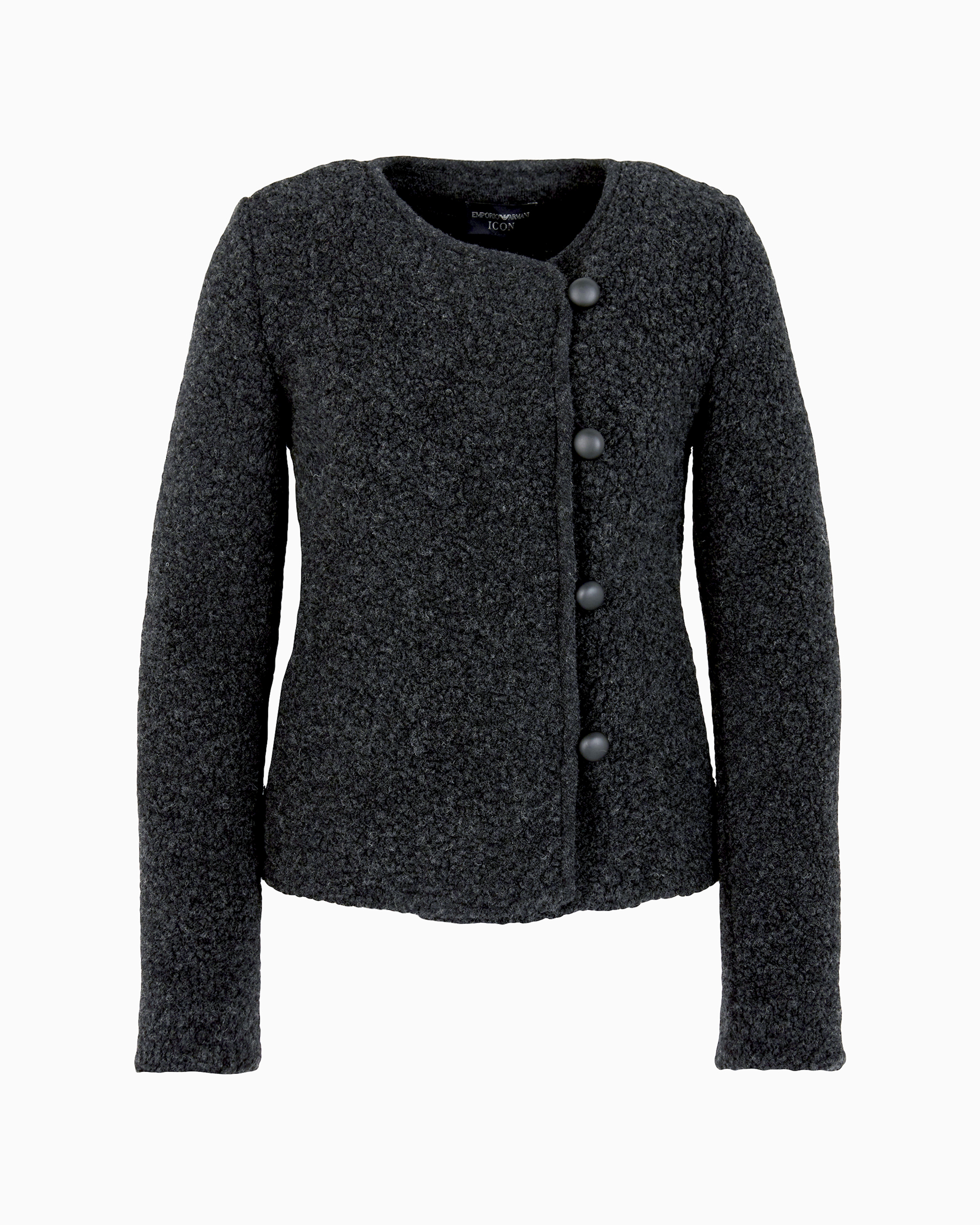 Emporio Armani Icon Jacket With Off-centre Fastening In A Teddy-effect Virgin Wool Blend Bouclé In Black