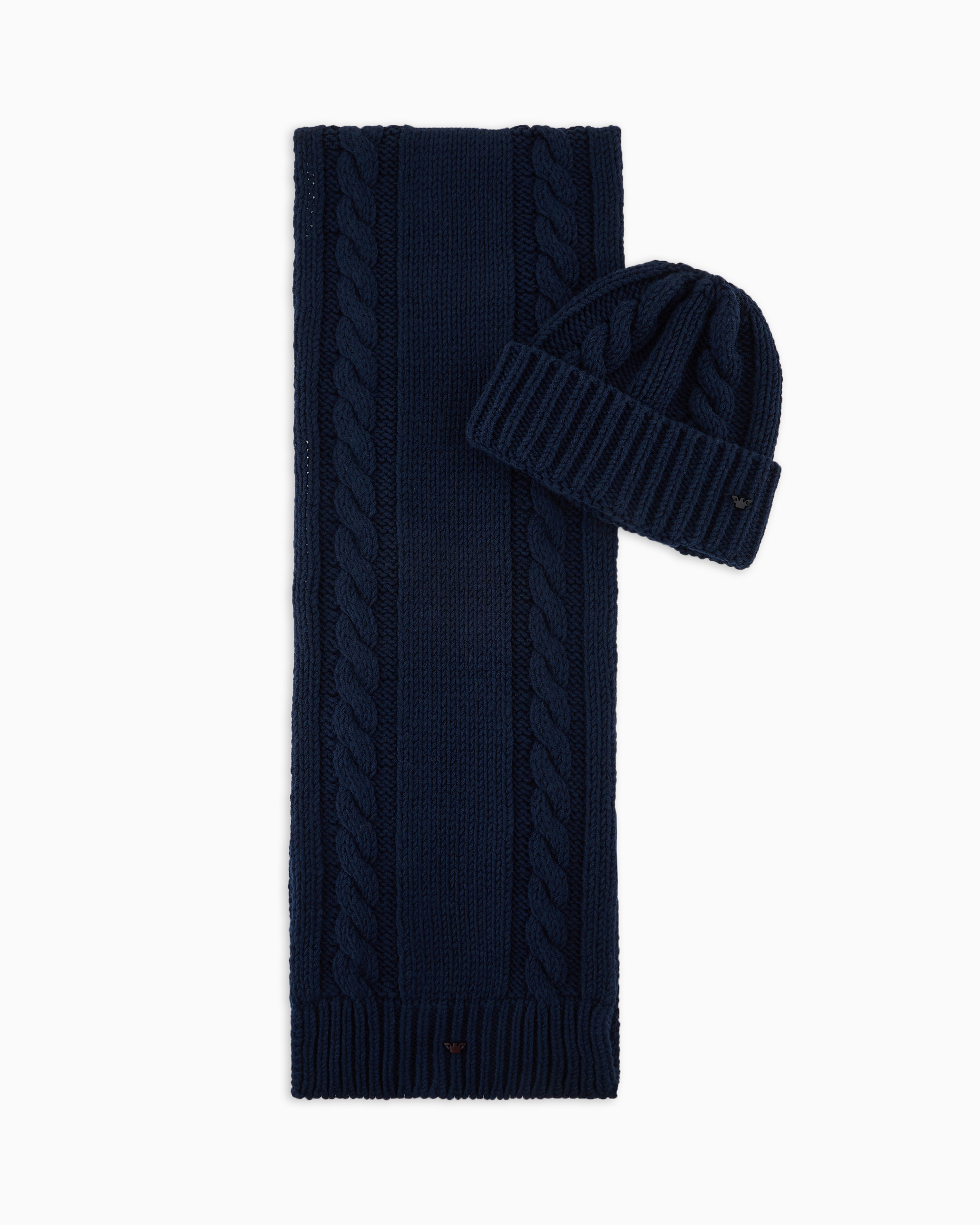 Emporio Armani Cable-knit Wool Beanie And Scarf Set In Blue