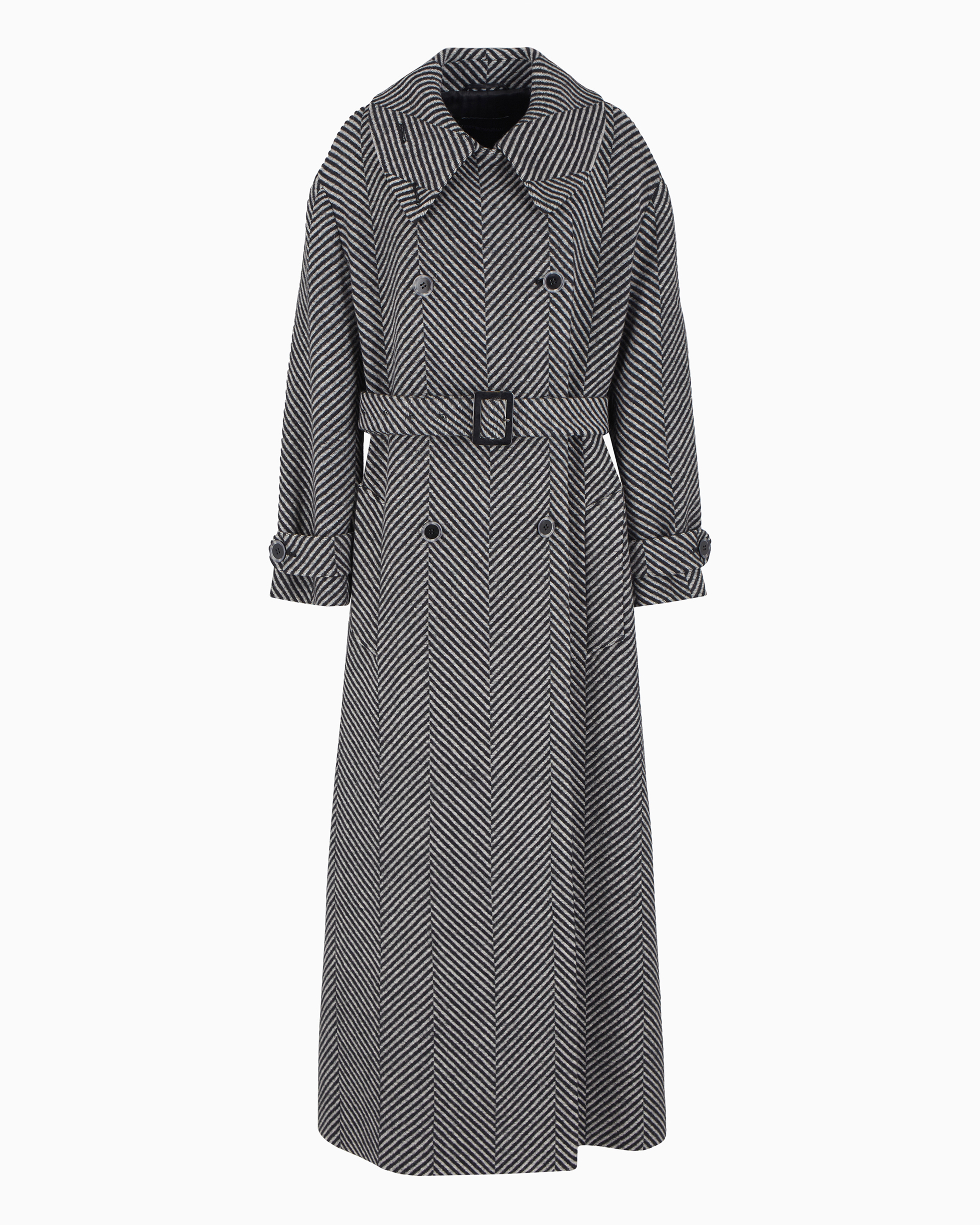 Emporio Armani Long, Double-breasted Coat In A Virgin Wool Blend With Two-tone Oversize-chevron Motif In Grey