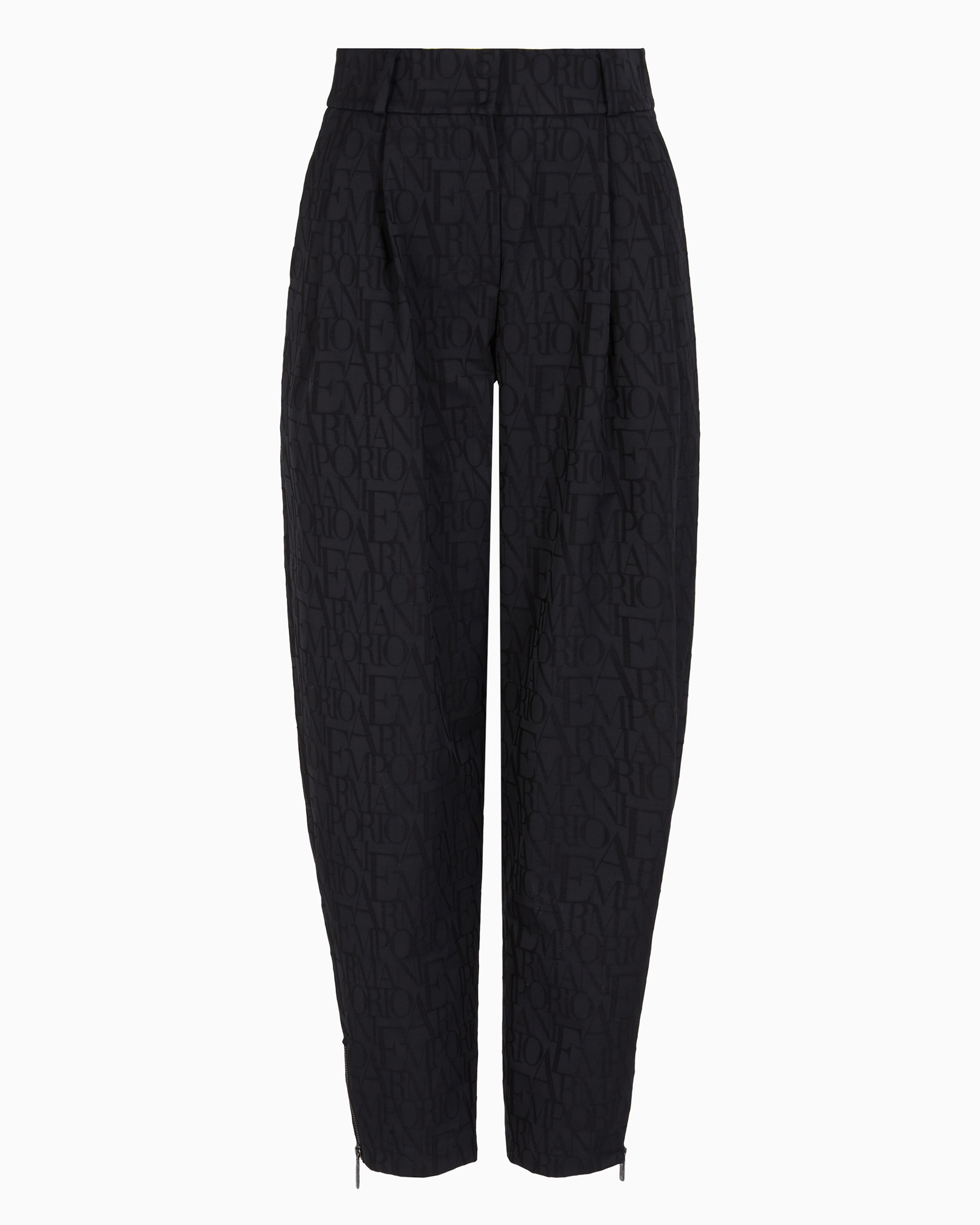 Emporio Armani Official Store Oval-leg Trousers In A Jacquard Wool Blend With All-over Lettering In Noir