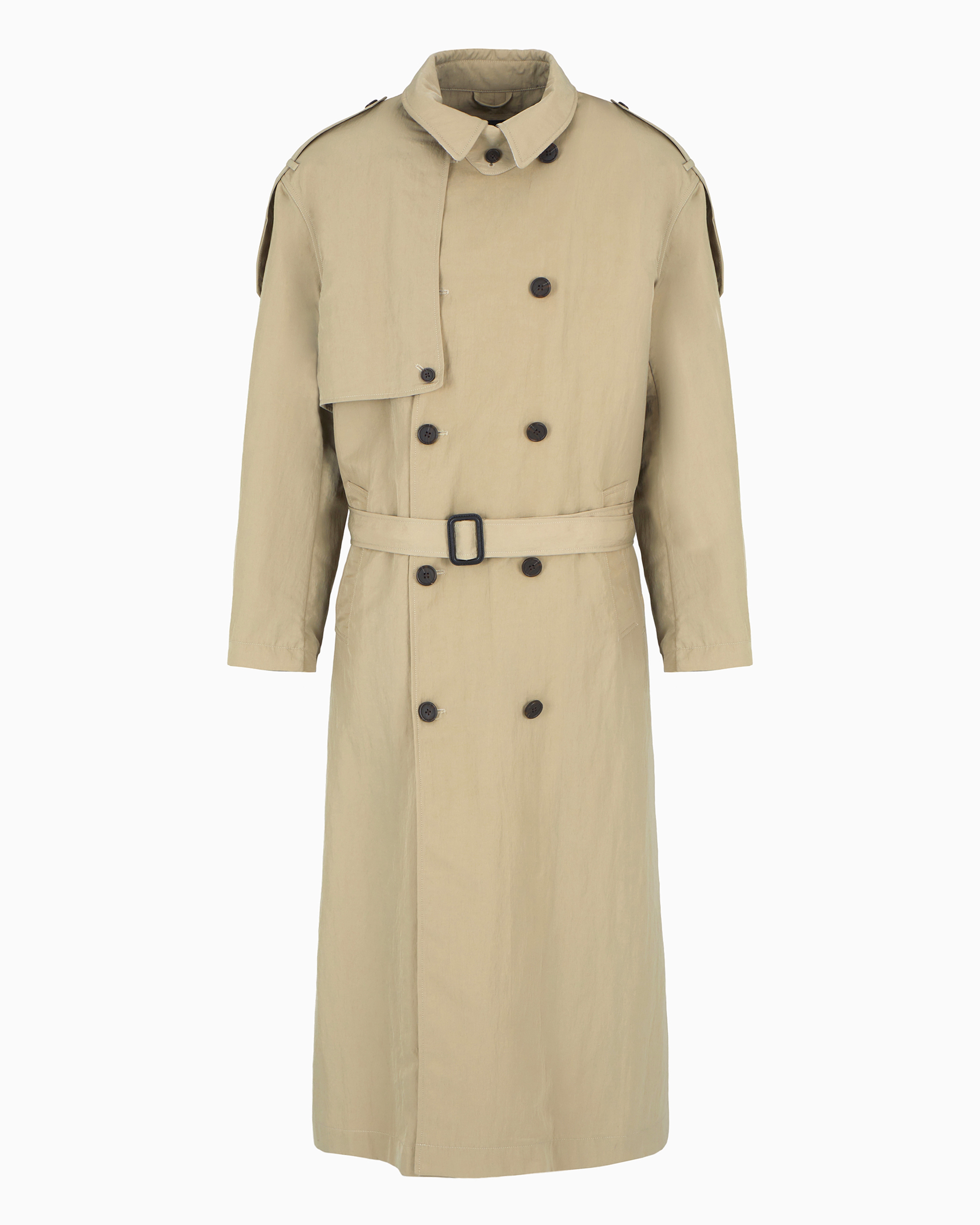 Emporio Armani Double-breasted Trench Coat With Belt In Technical Twill In Beige