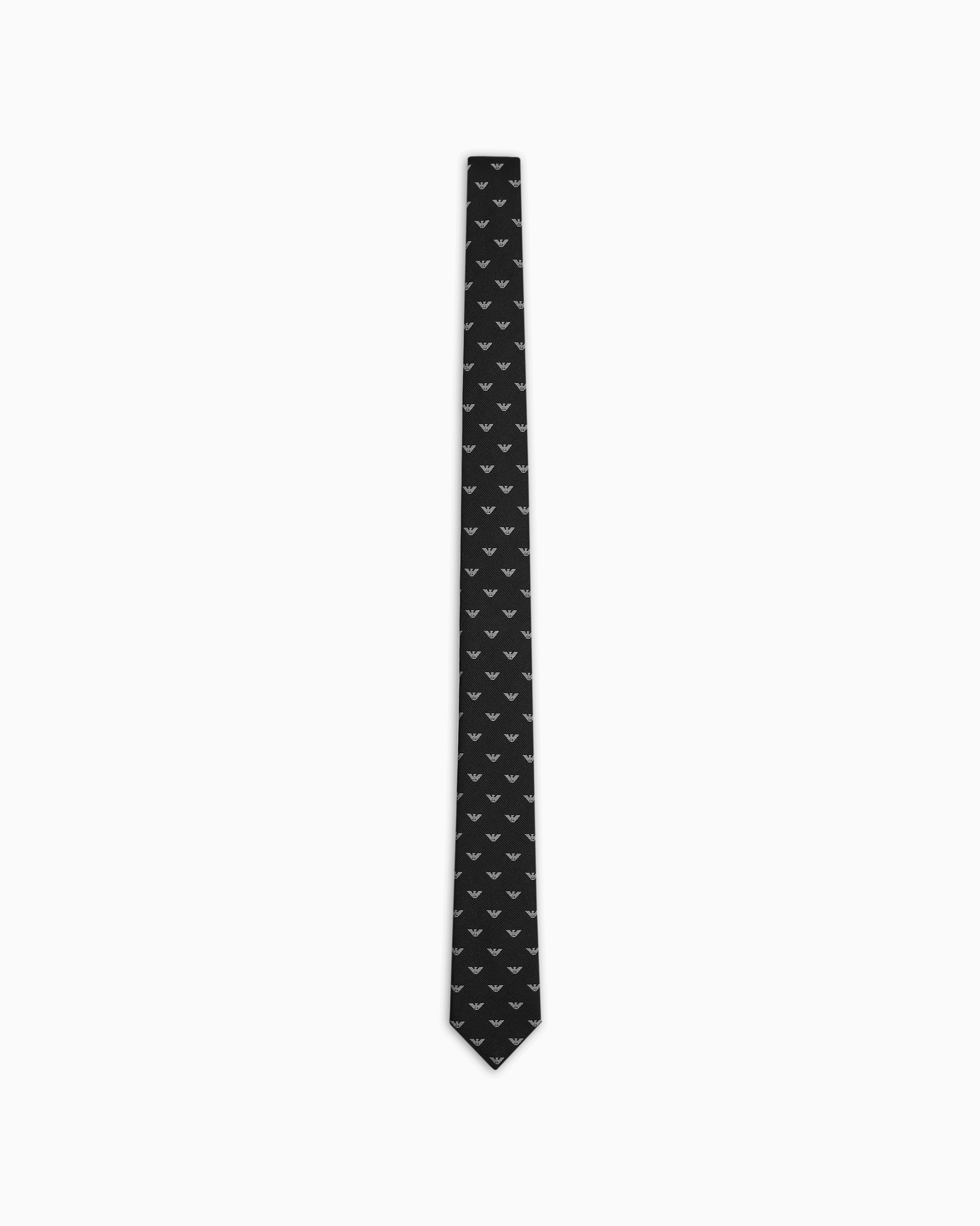 Emporio Armani Official Store Pure Silk Tie With All-over Jacquard Micro-eagle In Black