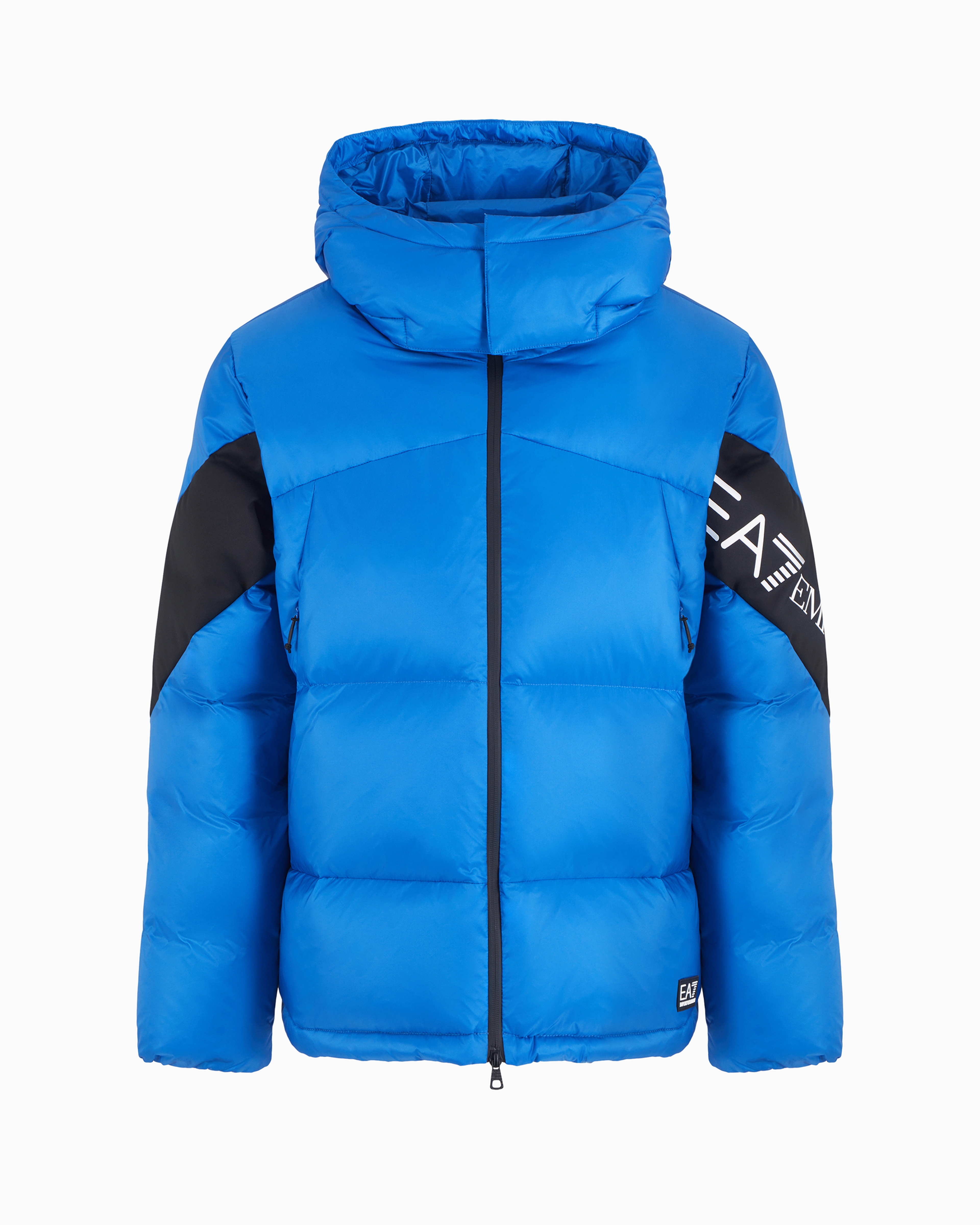 Ea7 Oversized Down Jacket With Hood And Oversized Logo In Blue