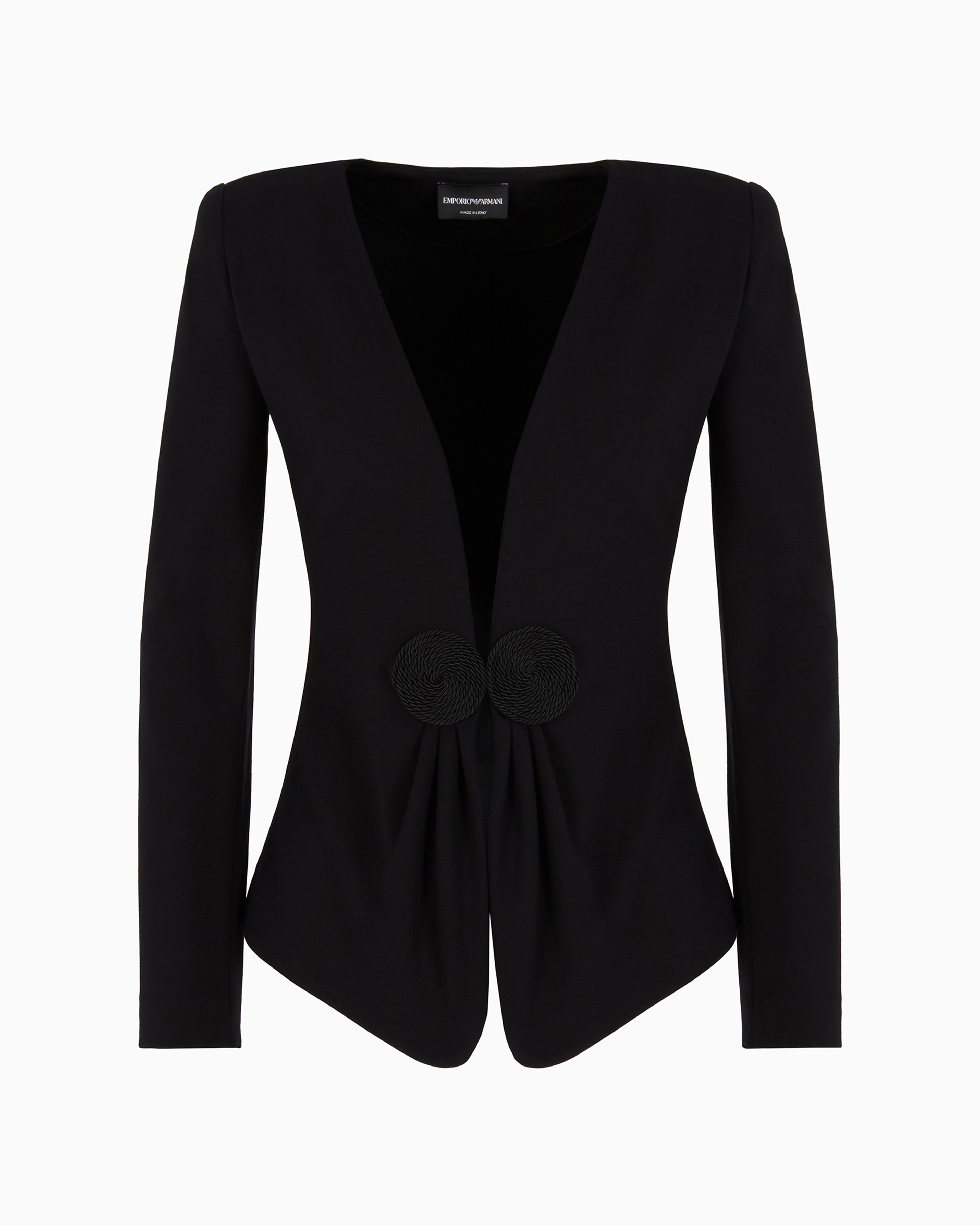 Emporio Armani Official Store V-neck Jacket In Stretch Milano-stitch Fabric With A Cordonnet Patch In Black