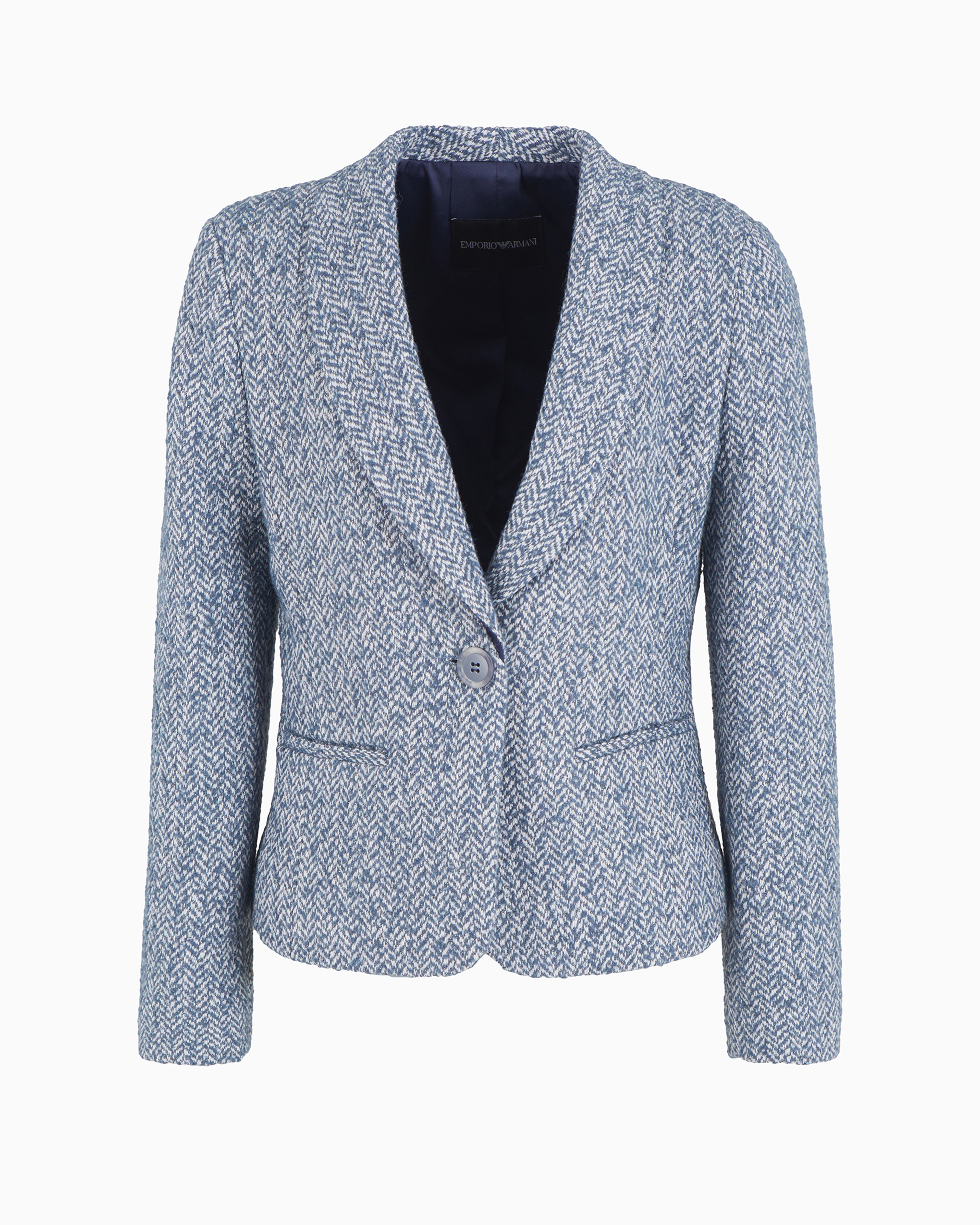 Shop Emporio Armani Single-breasted Jacket With Shawl Collar, In Chevron-motif Lurex Tweed In Light_blue