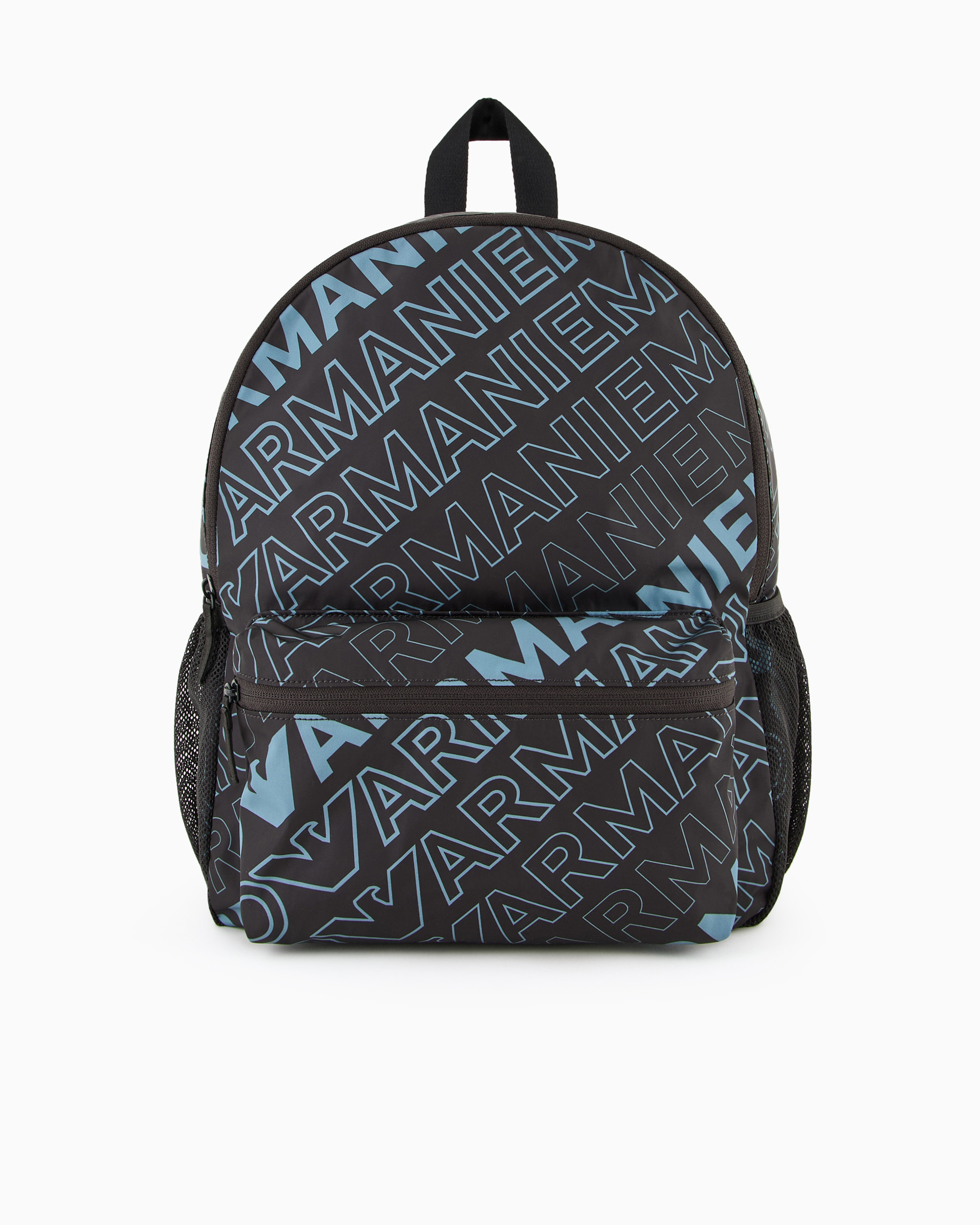 Emporio Armani Official Store Nylon Backpack With All-over Logo Lettering Print In Navy Blue