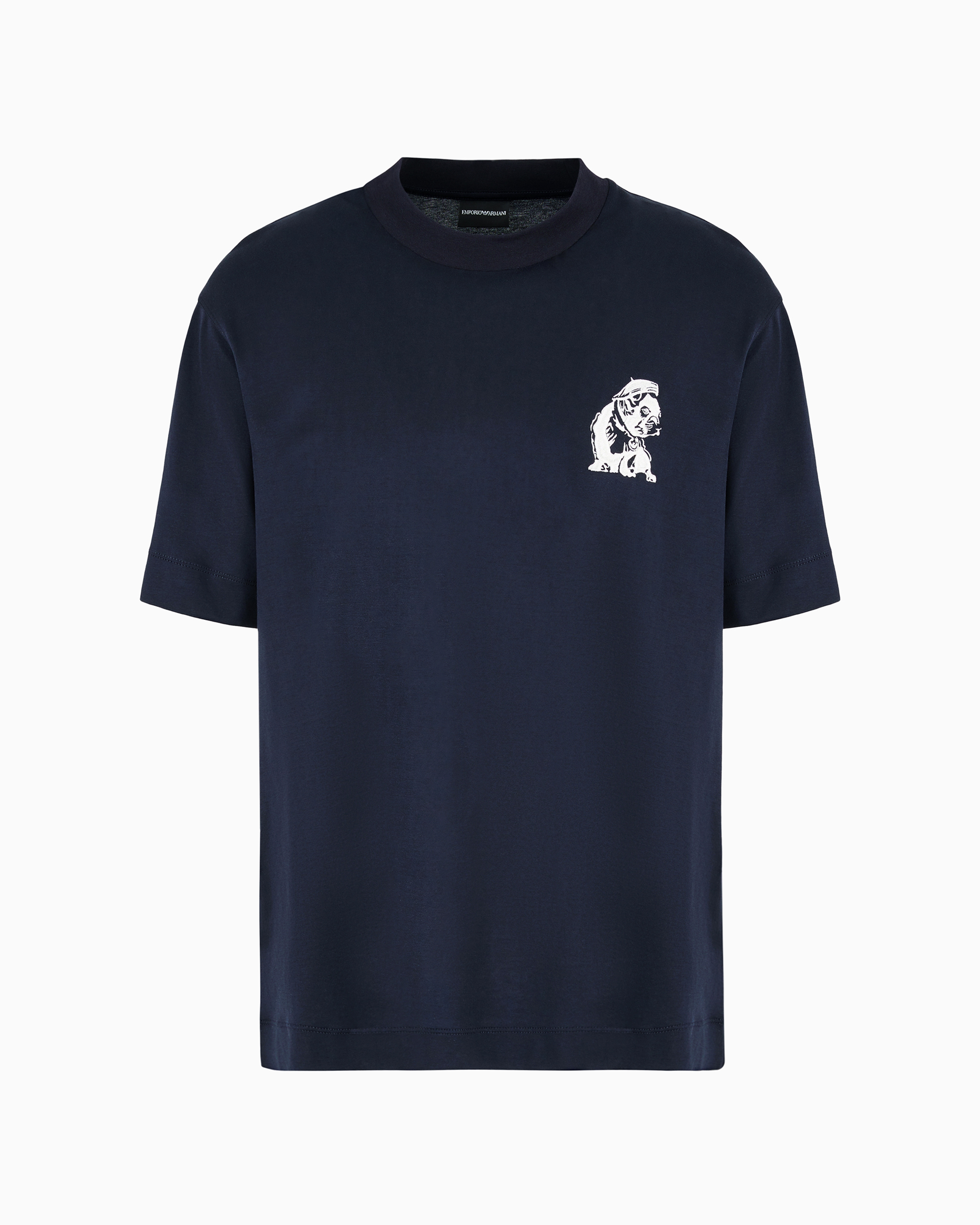 Emporio Armani Official Store Lyocell Blend-jersey T-shirt With Asv French Bulldog Embroidery In Marineblau