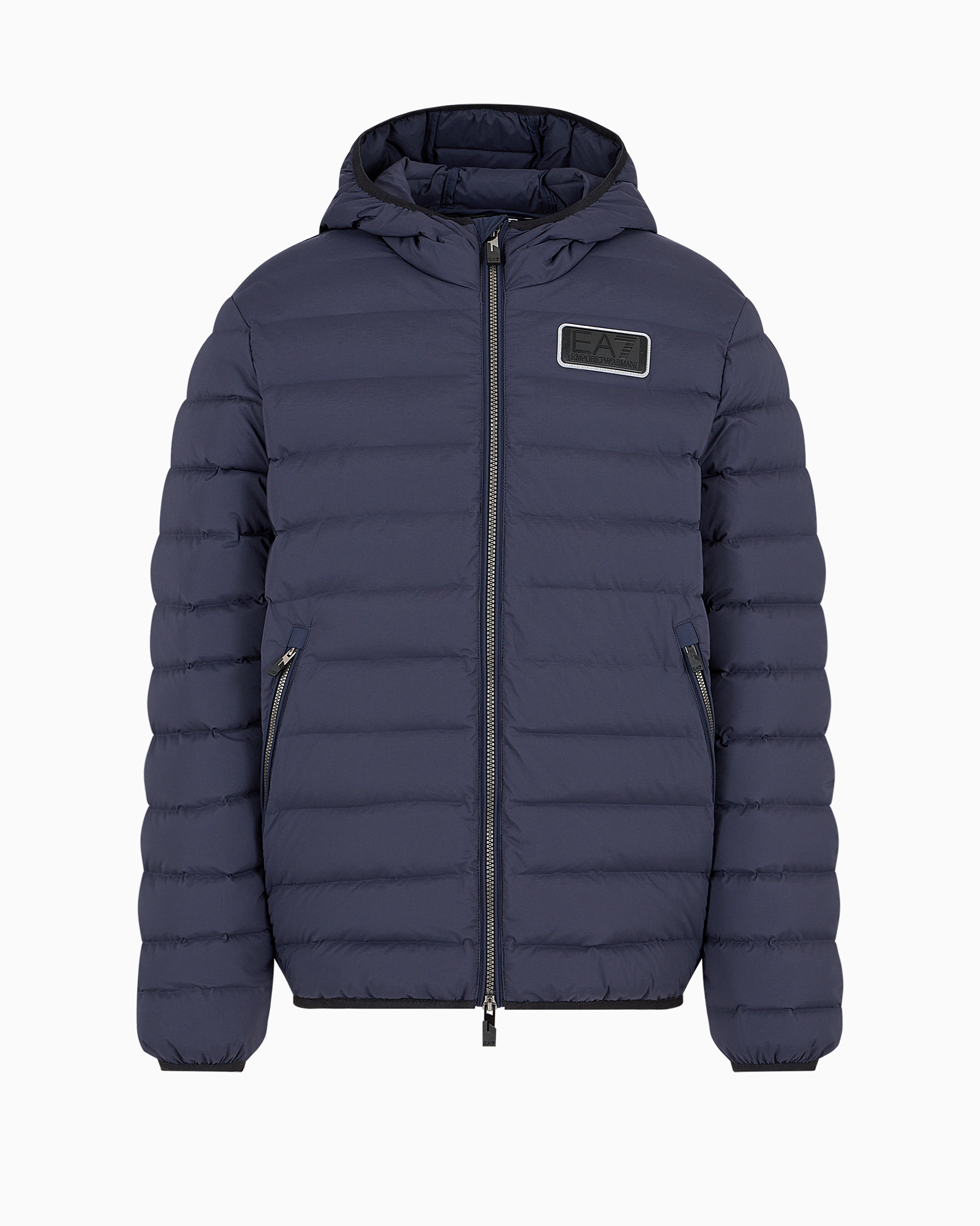 Ea7 Official Store Down Jacket With Hood In Technical Fabric In Blue