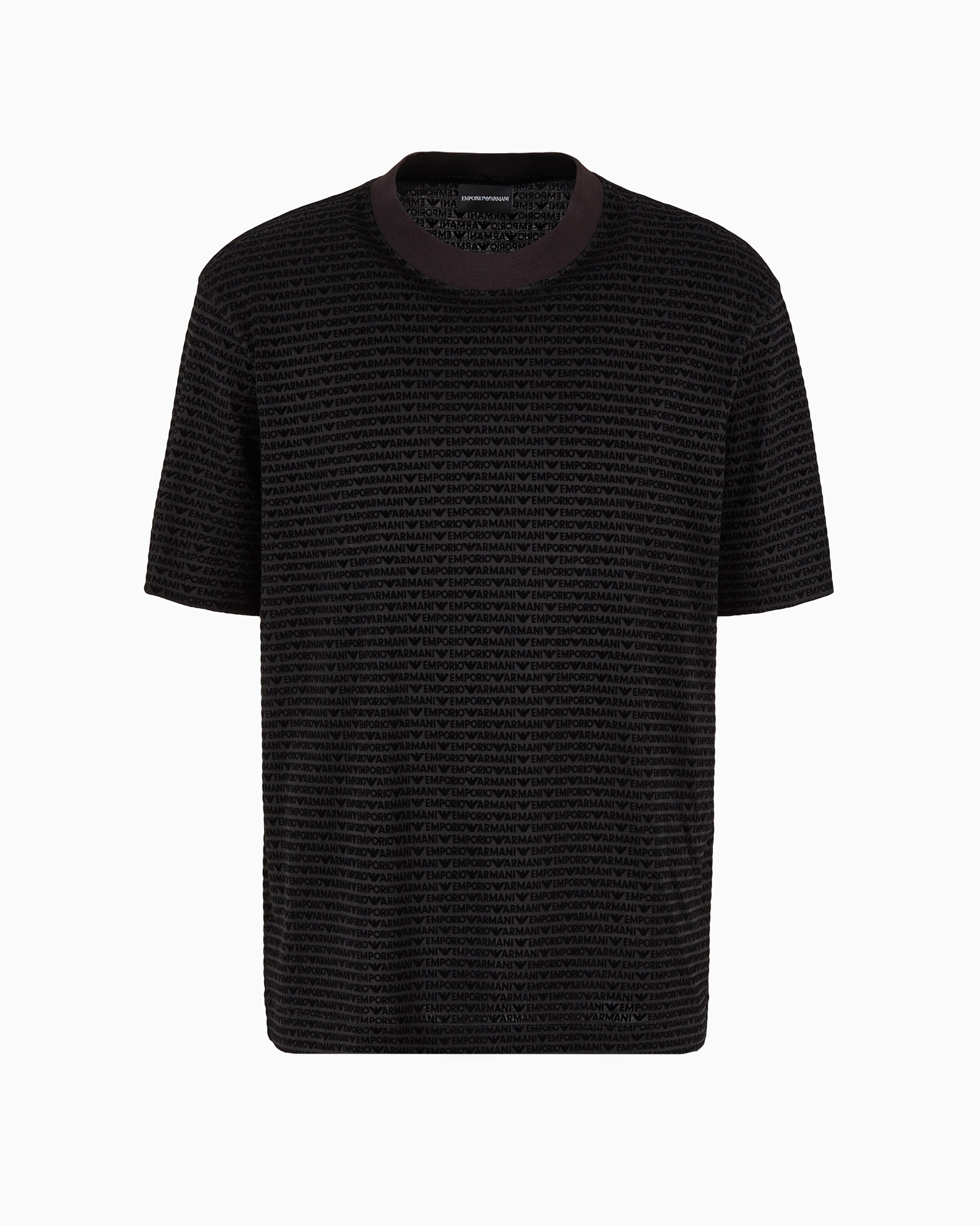 Emporio Armani Official Store Asv Lyocell-blend Jersey T-shirt With All-over Flocked Logo Lettering In Noir