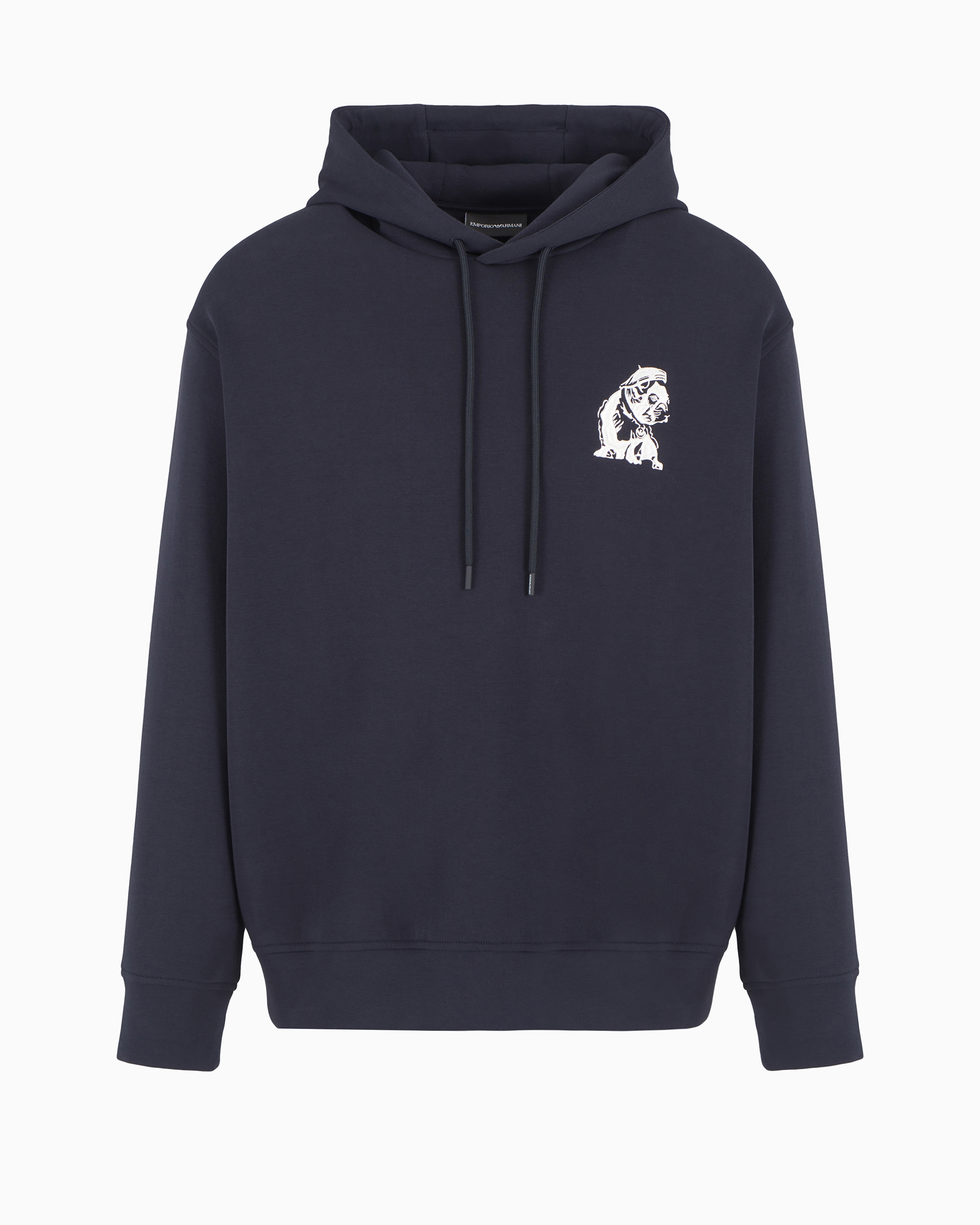 Emporio Armani Official Store Double-jersey Hooded Sweatshirt With French Bulldog Embroidery In Navy Blue