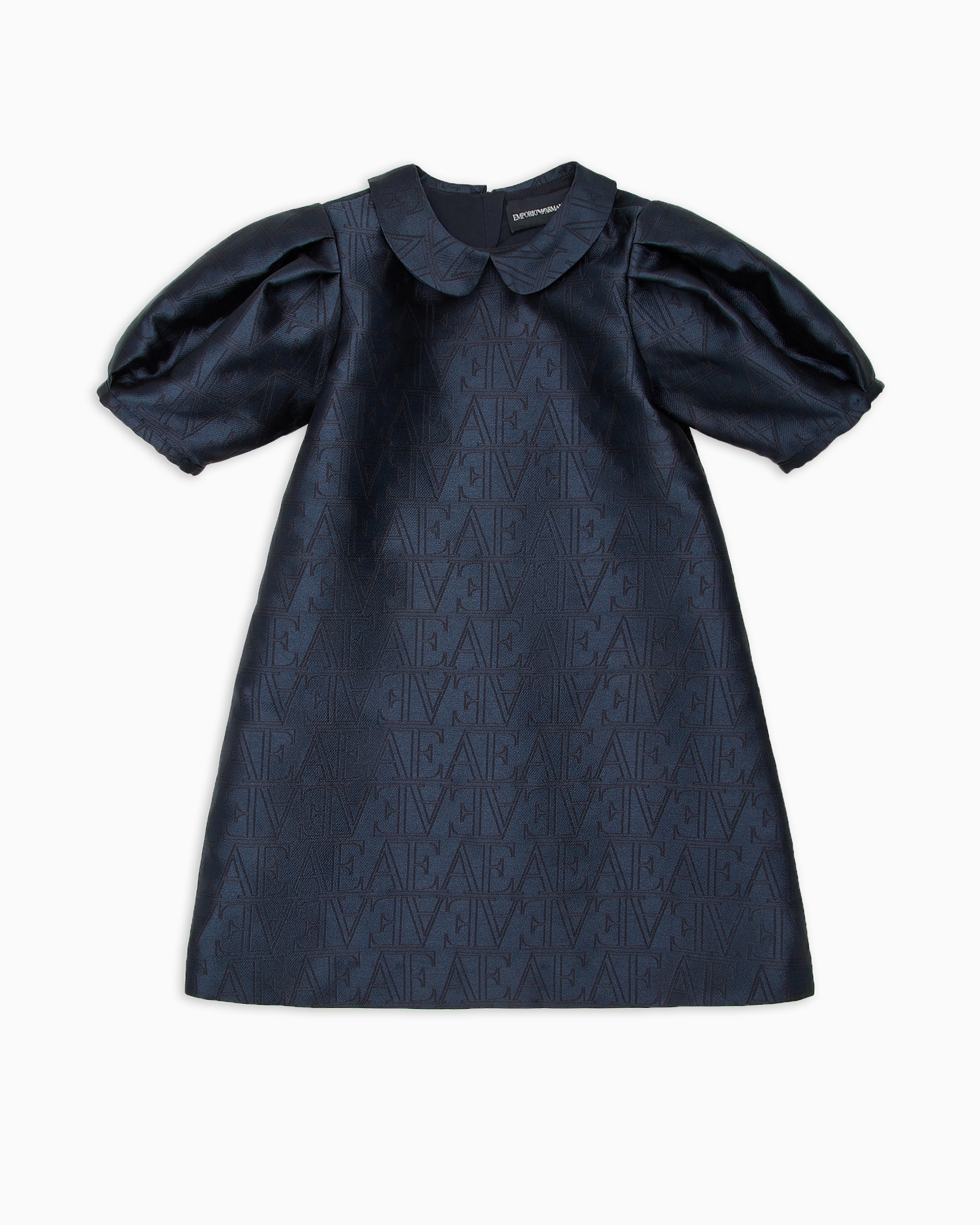 Shop Emporio Armani Dress With All-over Ea Logo Jacquard And Peter Pan Collar In Navy Blue