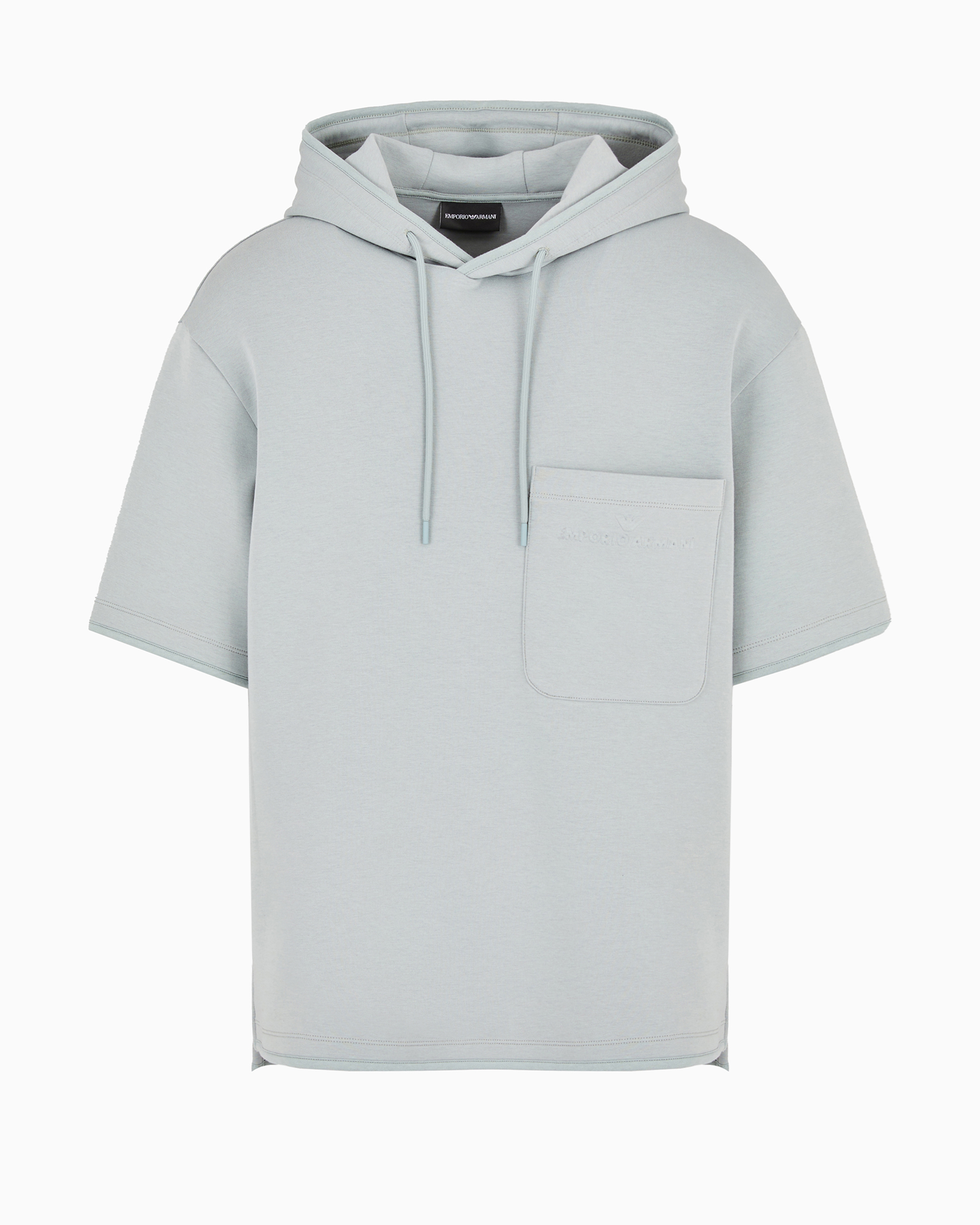 Emporio Armani Official Store Short-sleeved Double-jersey Hooded Sweatshirt With A Patch Pocket In Light Gray