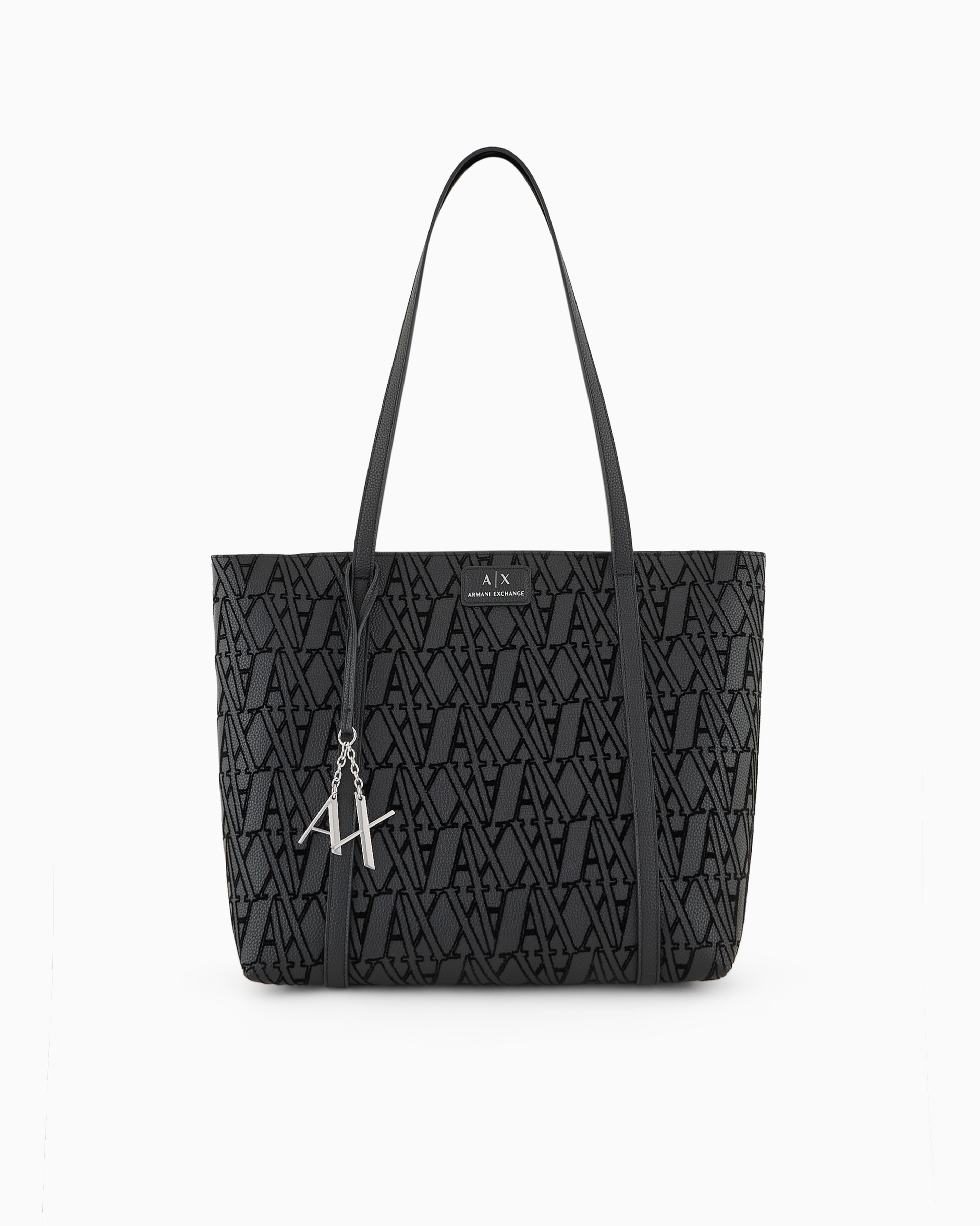 Shop Armani Exchange Shopper Bag With Flocked Monogram And Charm In Black