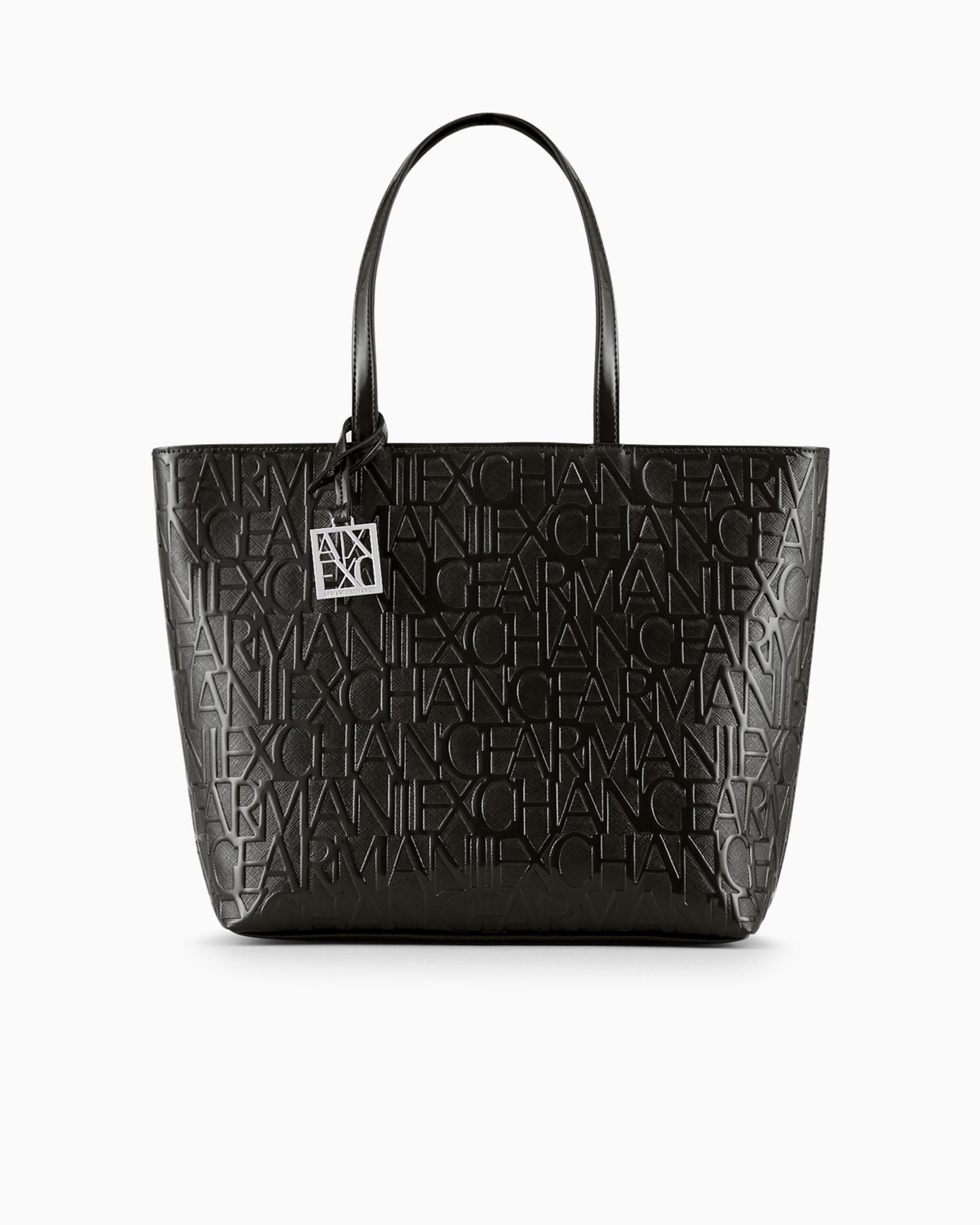 Armani Exchange Shopper With Zip And All-over Embossed Logo Lettering In Black