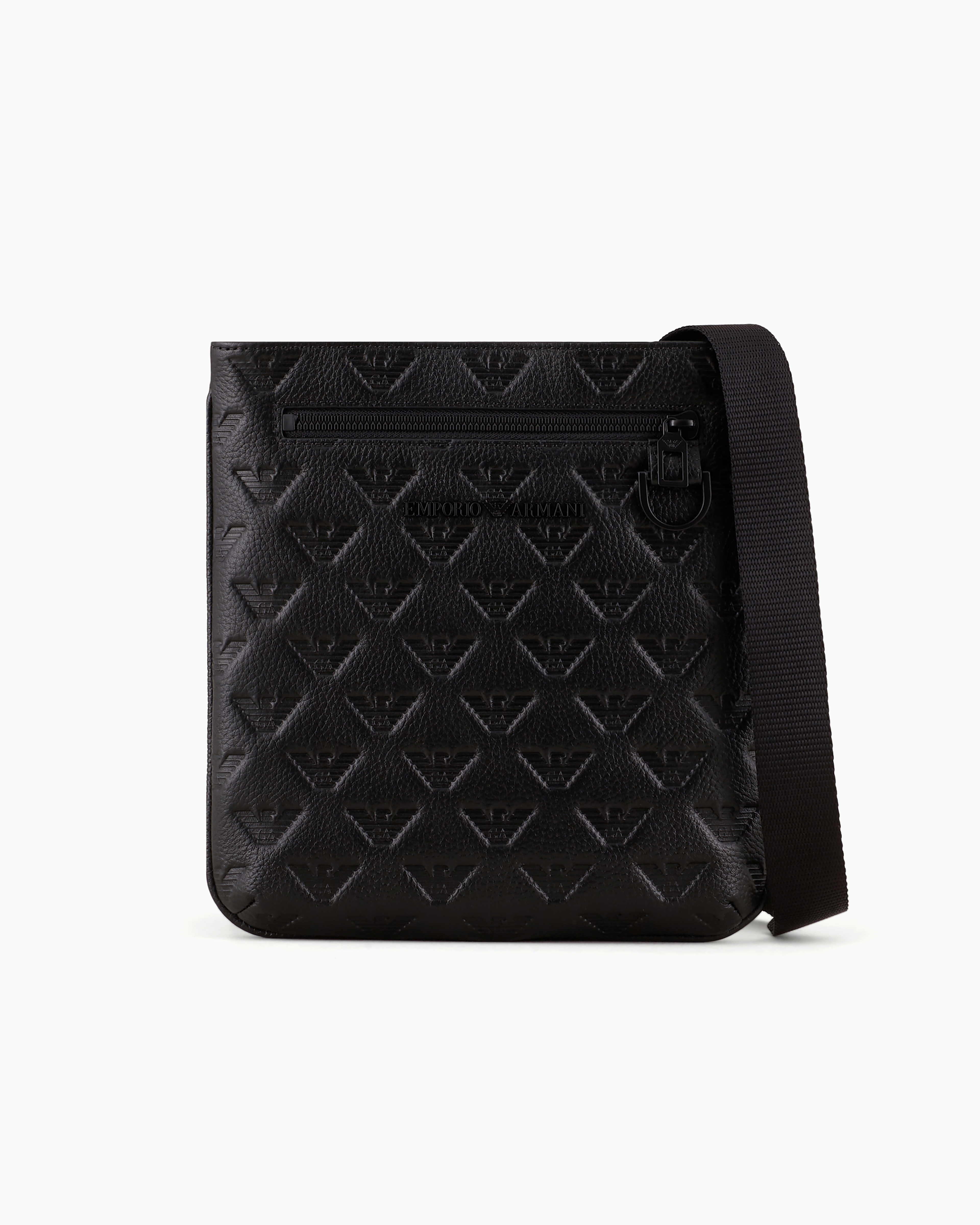 Emporio Armani Flat Leather Shoulder Bag With All-over Embossed Eagle In Black