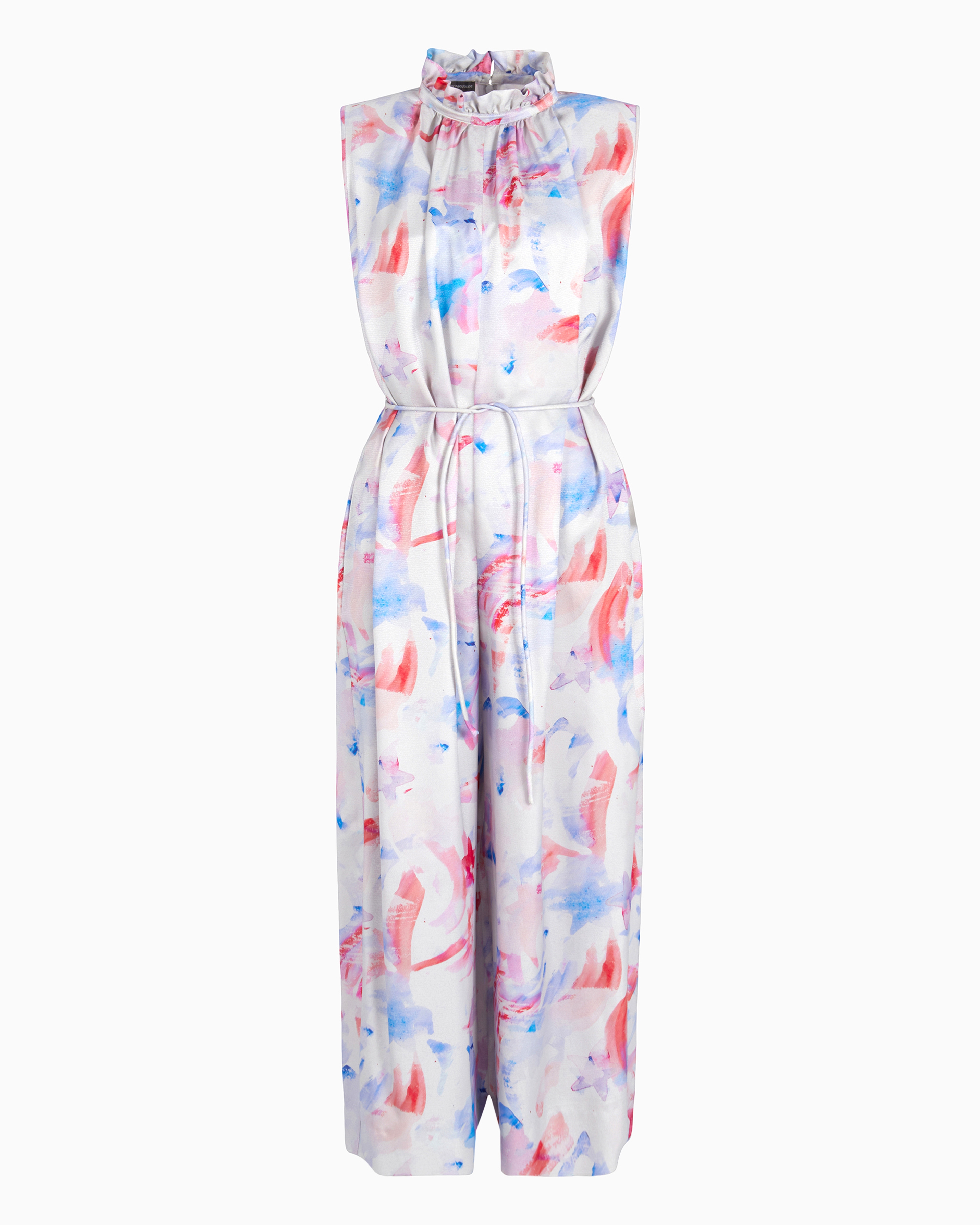 Emporio Armani Sleeveless Jumpsuit With A Belt In Satin Crêpe With A Fancy Watercolour-effect Print In Fantaisie