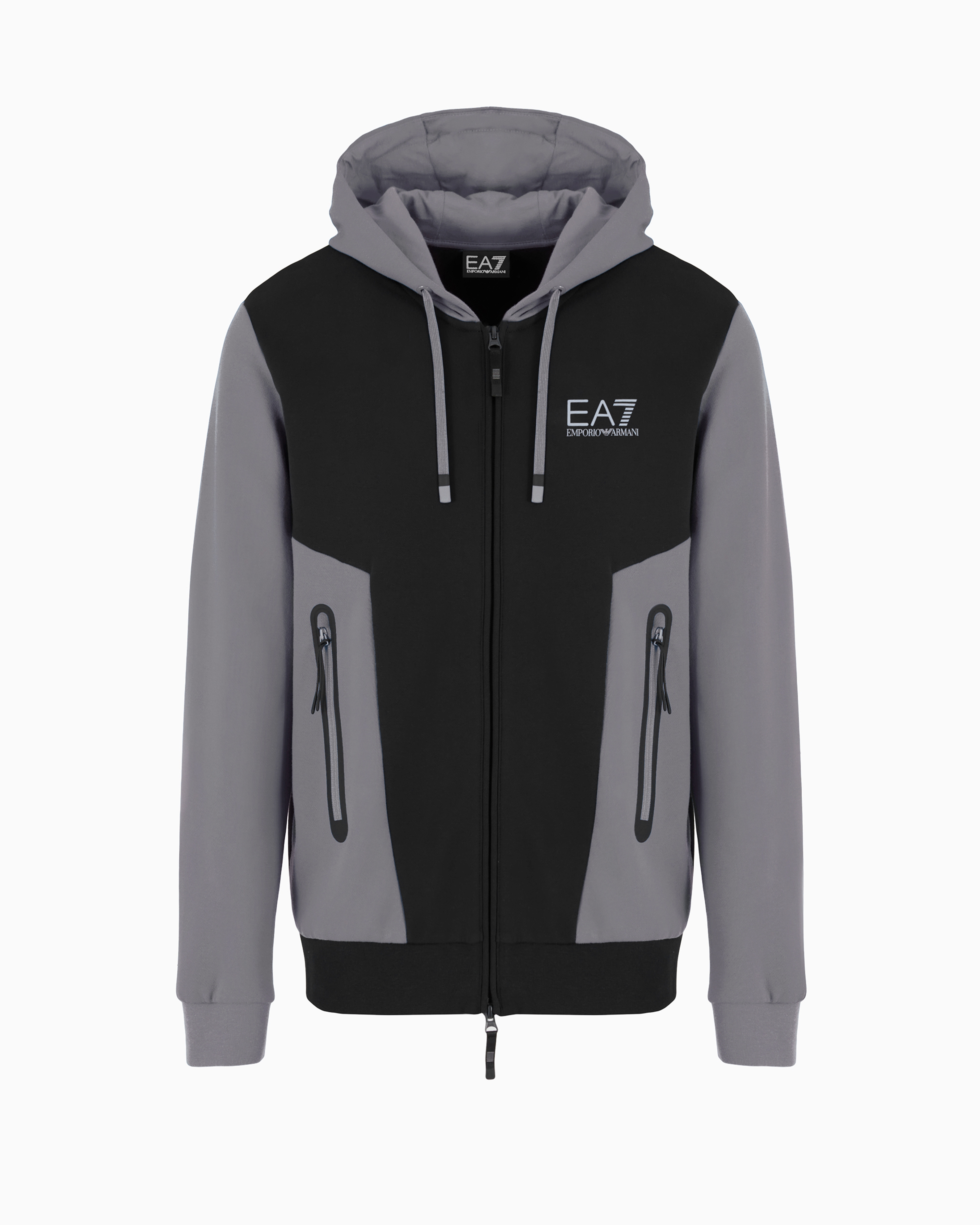 Ea7 Athletic Colour Block Hooded Sweatshirt In A Cotton Blend In Black