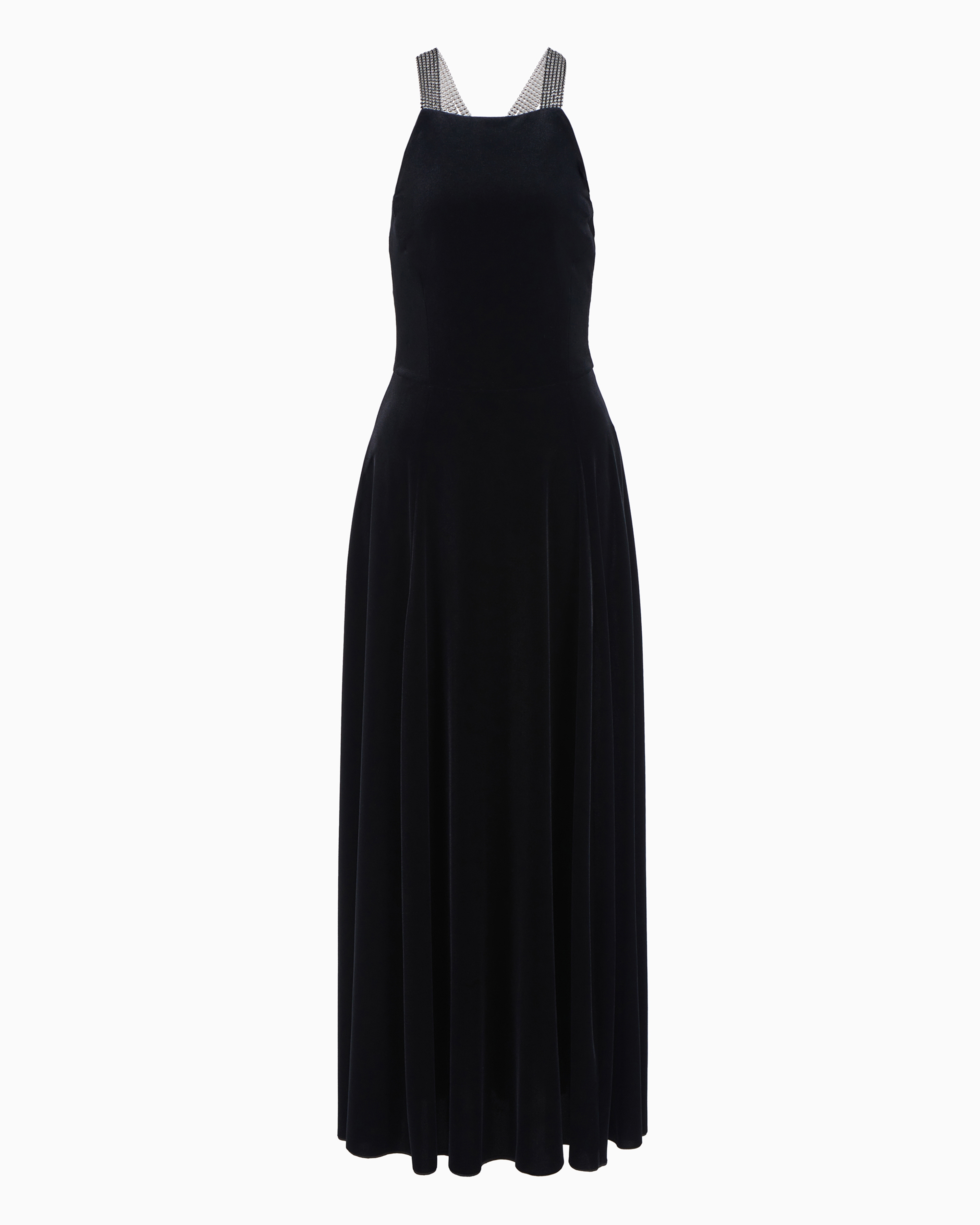 Emporio Armani Official Store Chenille Jersey Long Dress With Rhinestone Shoulder Straps In Black