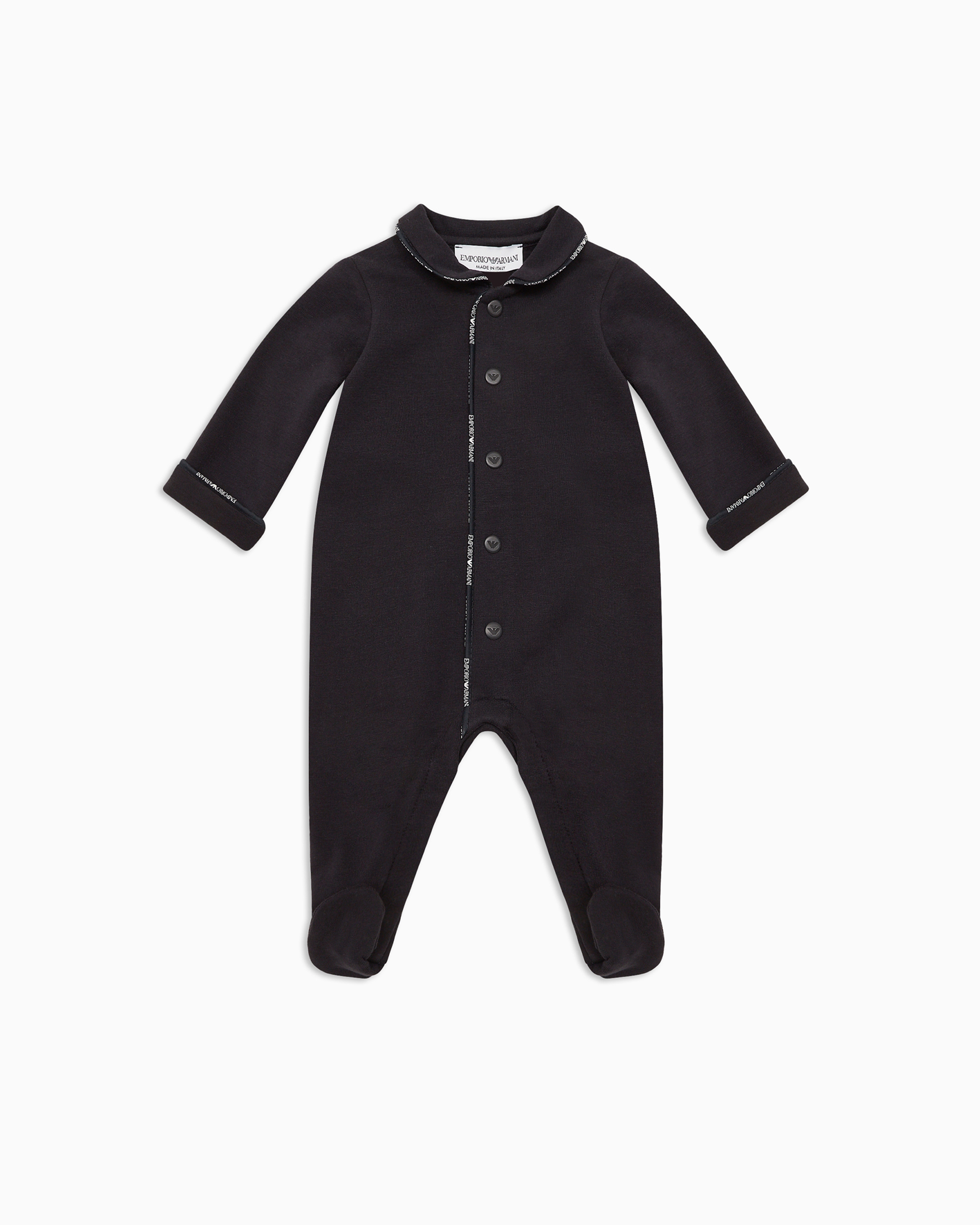 Emporio Armani Babies' Official Store Peter Pan Collar Jersey Onesie With Logo Trim In Navy Blue