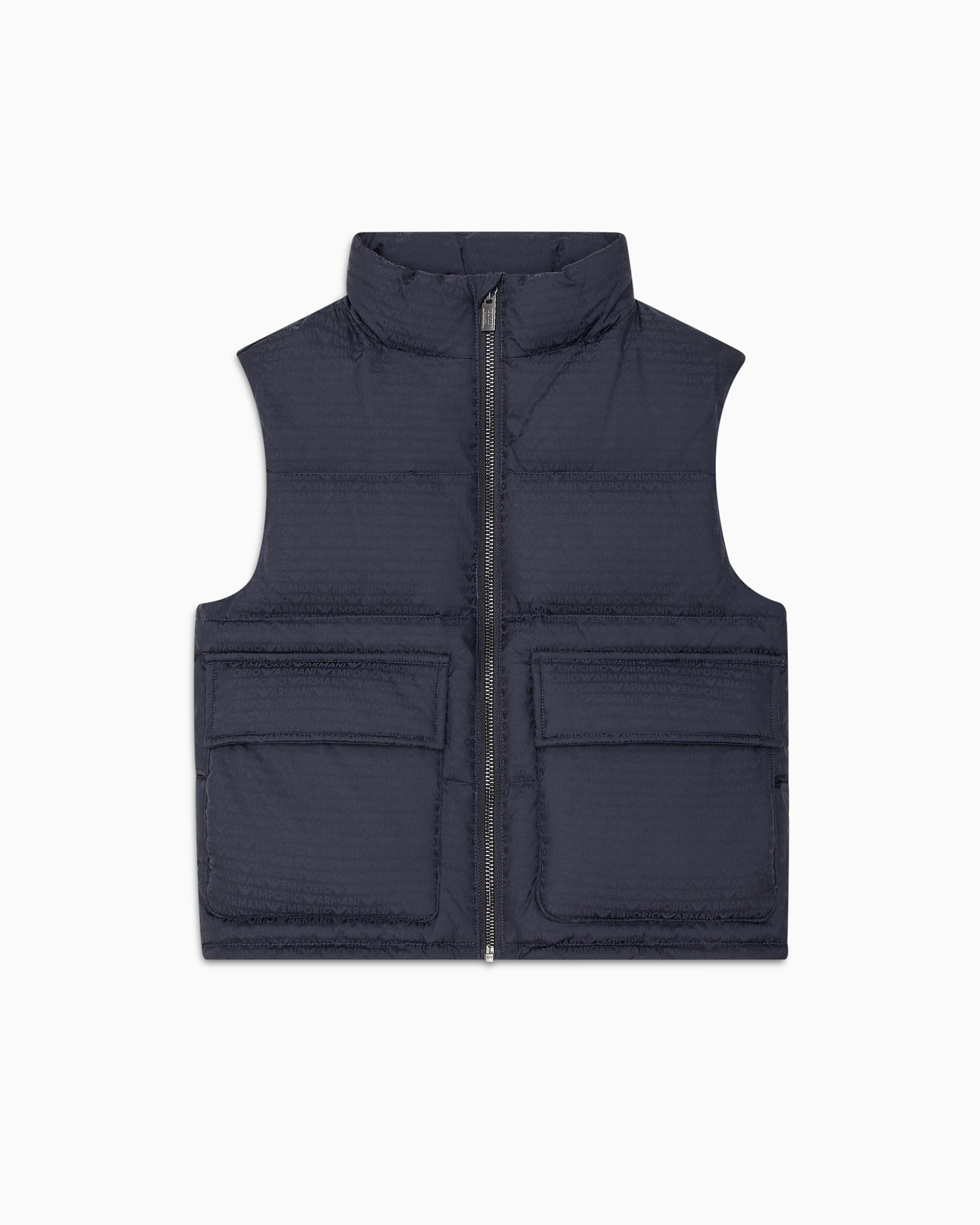 EMPORIO ARMANI ASV SLEEVELESS NYLON PUFFER JACKET WITH LOGO LETTERING AND RECYCLED DOWN 