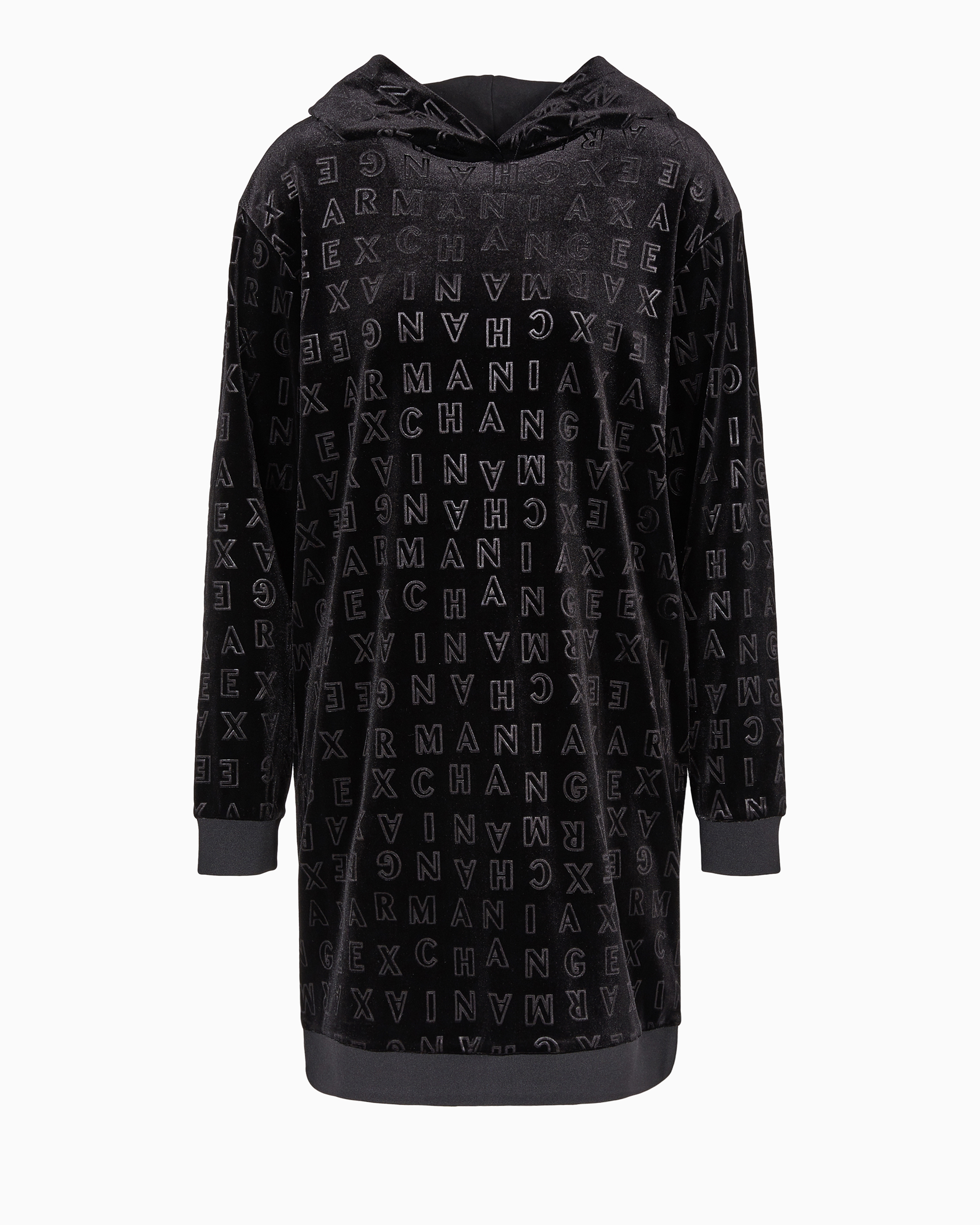 Armani Exchange - Velvet hooded dress with allover logo, Woman, Black, Size: