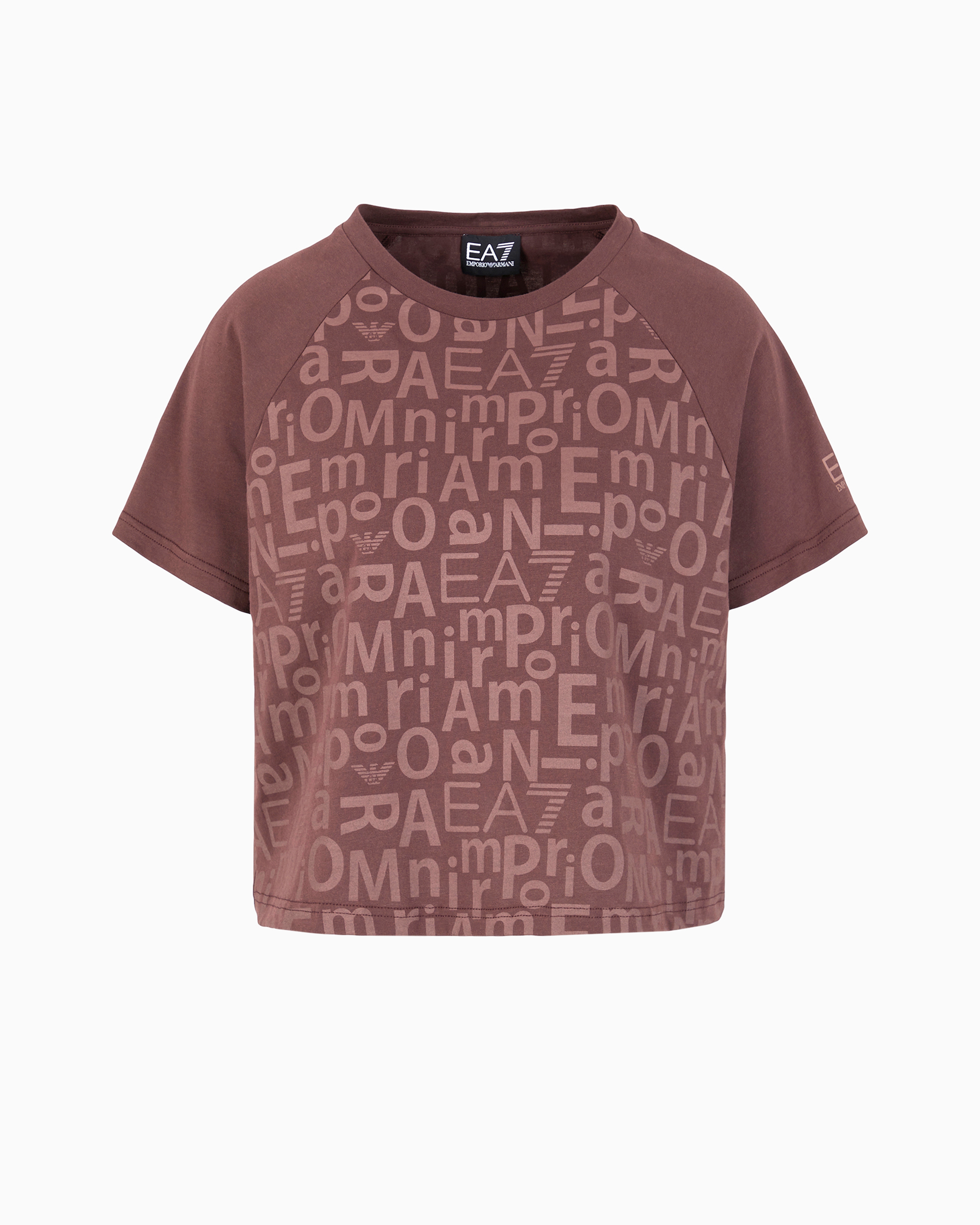Ea7 Graphic Series Stretch-cotton Cropped T-shirt With All-over Print In Brown