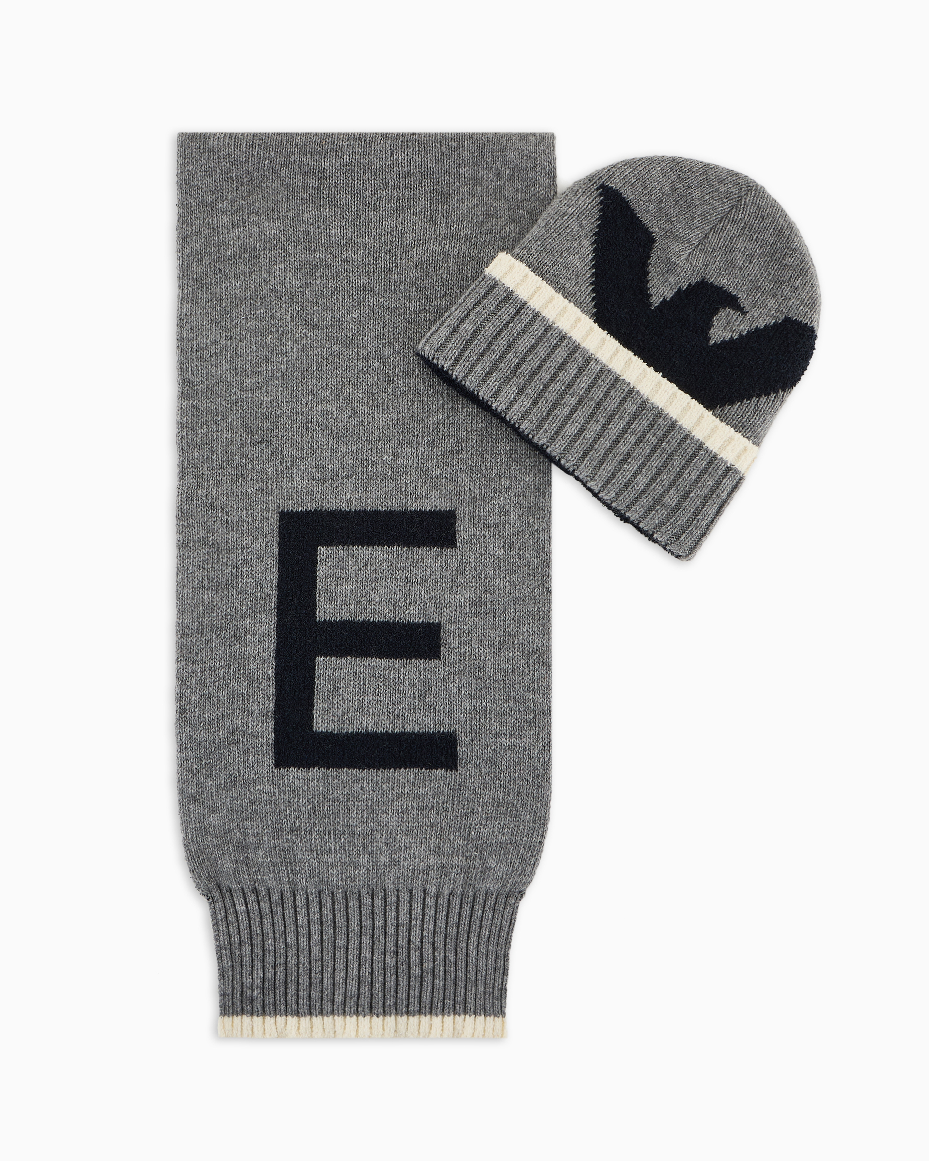 EMPORIO ARMANI WOOL-BLEND BEANIE AND SCARF SET WITH JACQUARD LOGO 