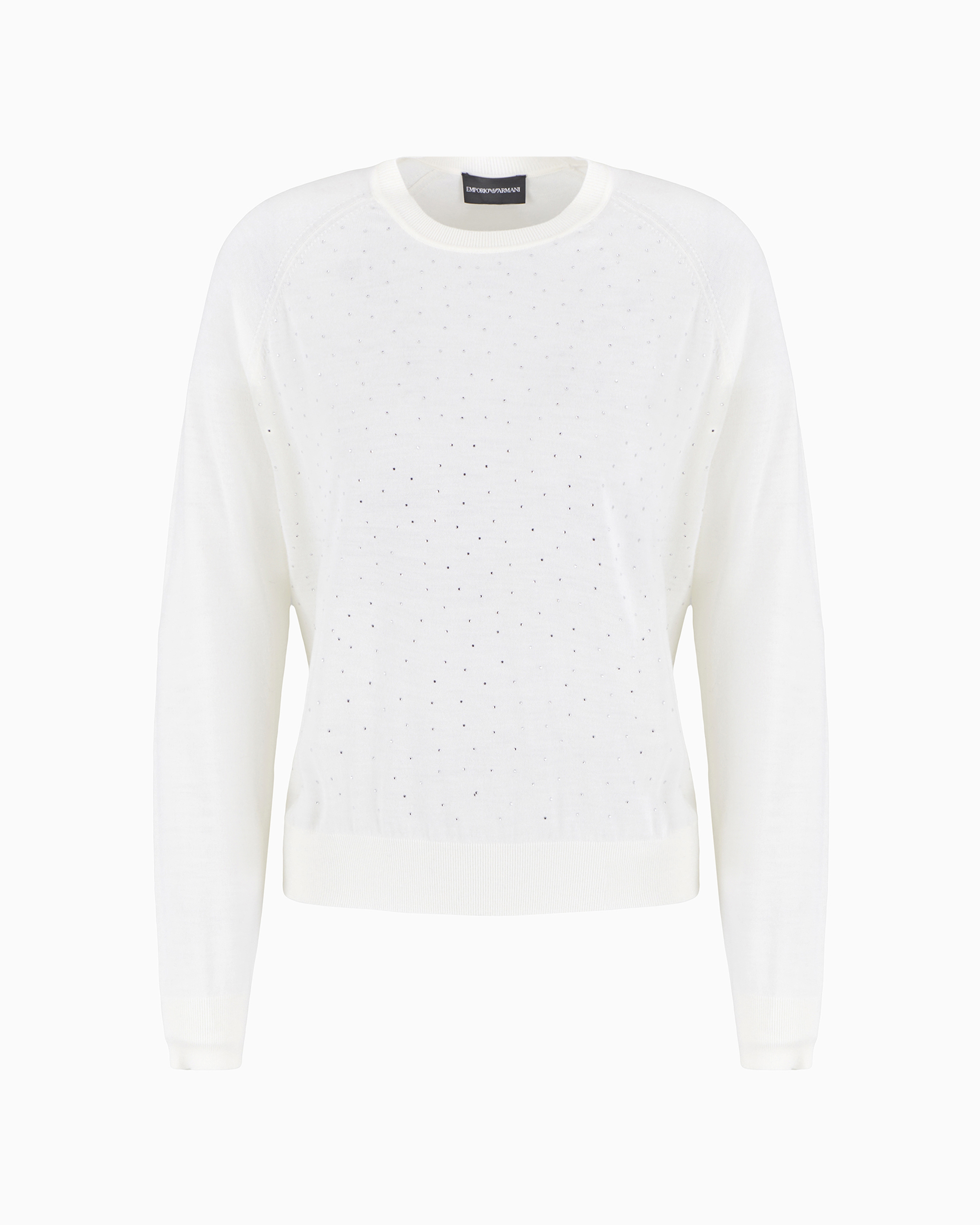 Emporio Armani Official Store Plain-knit Wool Jumper With Micro Rhinestones In White