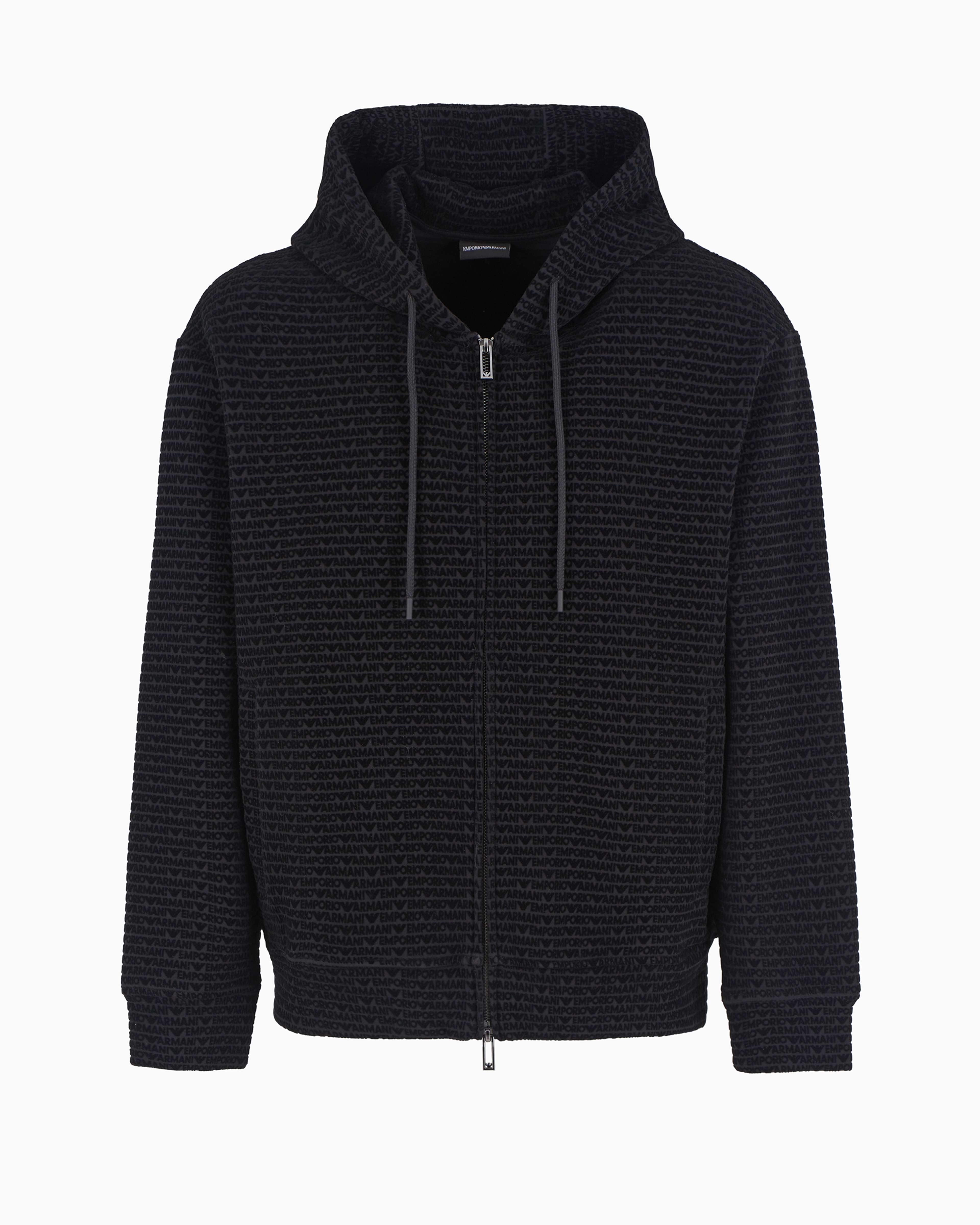 Emporio Armani Official Store Double-jersey Hooded Zip-up Sweatshirt With All-over Flocked Lettering In Black