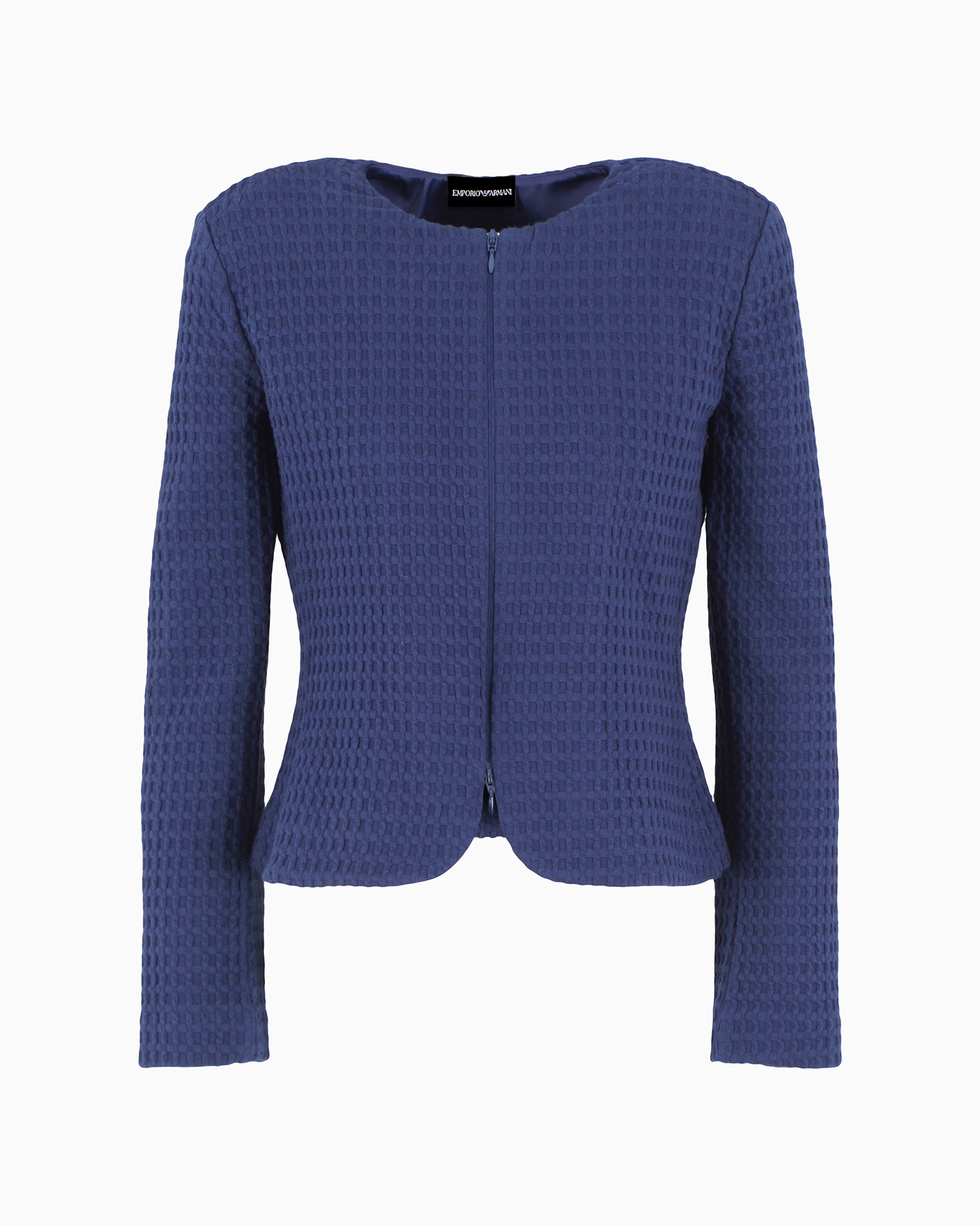 Emporio Armani Official Store Waffle-effect Knit Jacket With Zip And Peplum In Blue