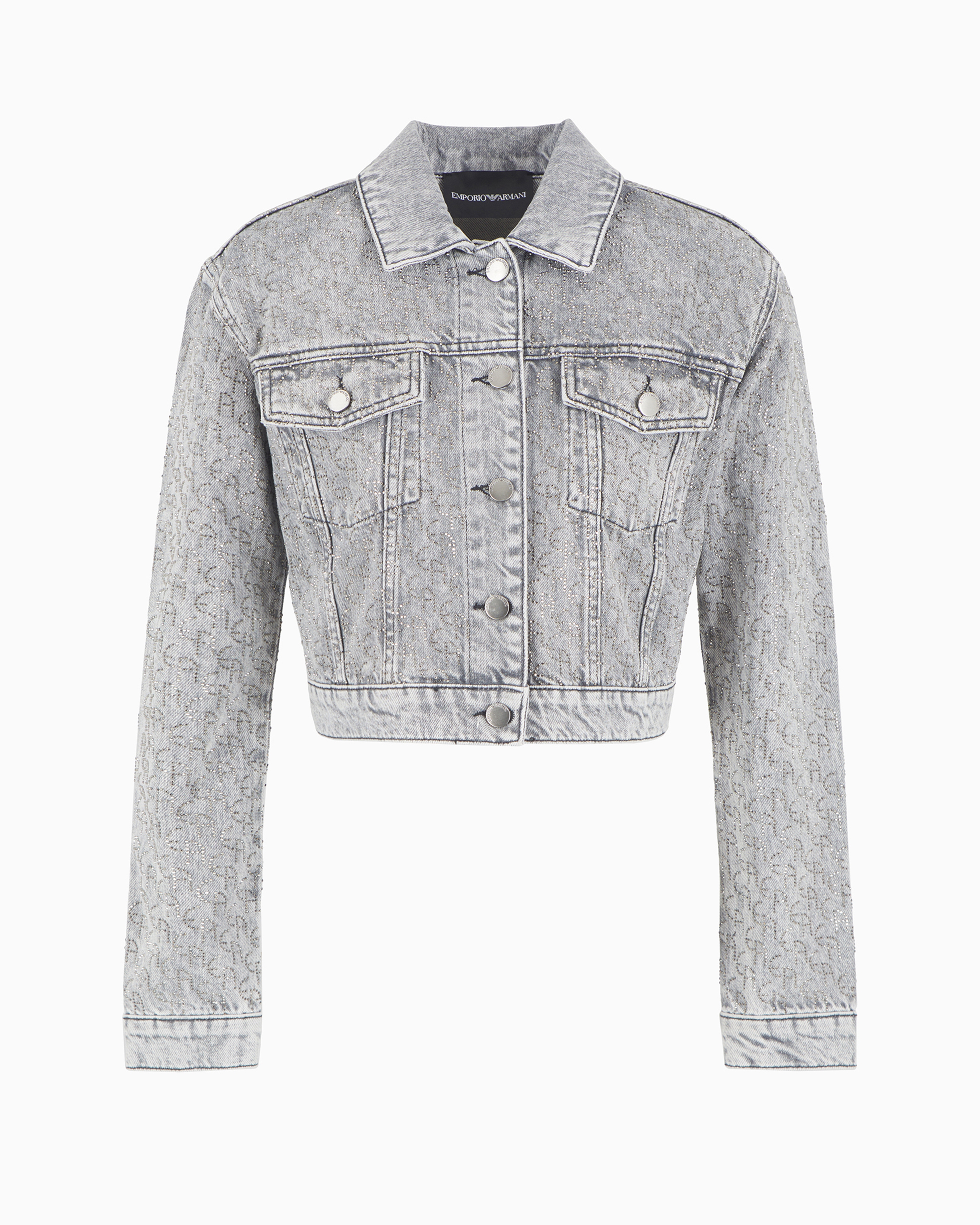 Emporio Armani Cropped 12.5 oz Denim Jacket With All-over Rhinestone Logo In Grey