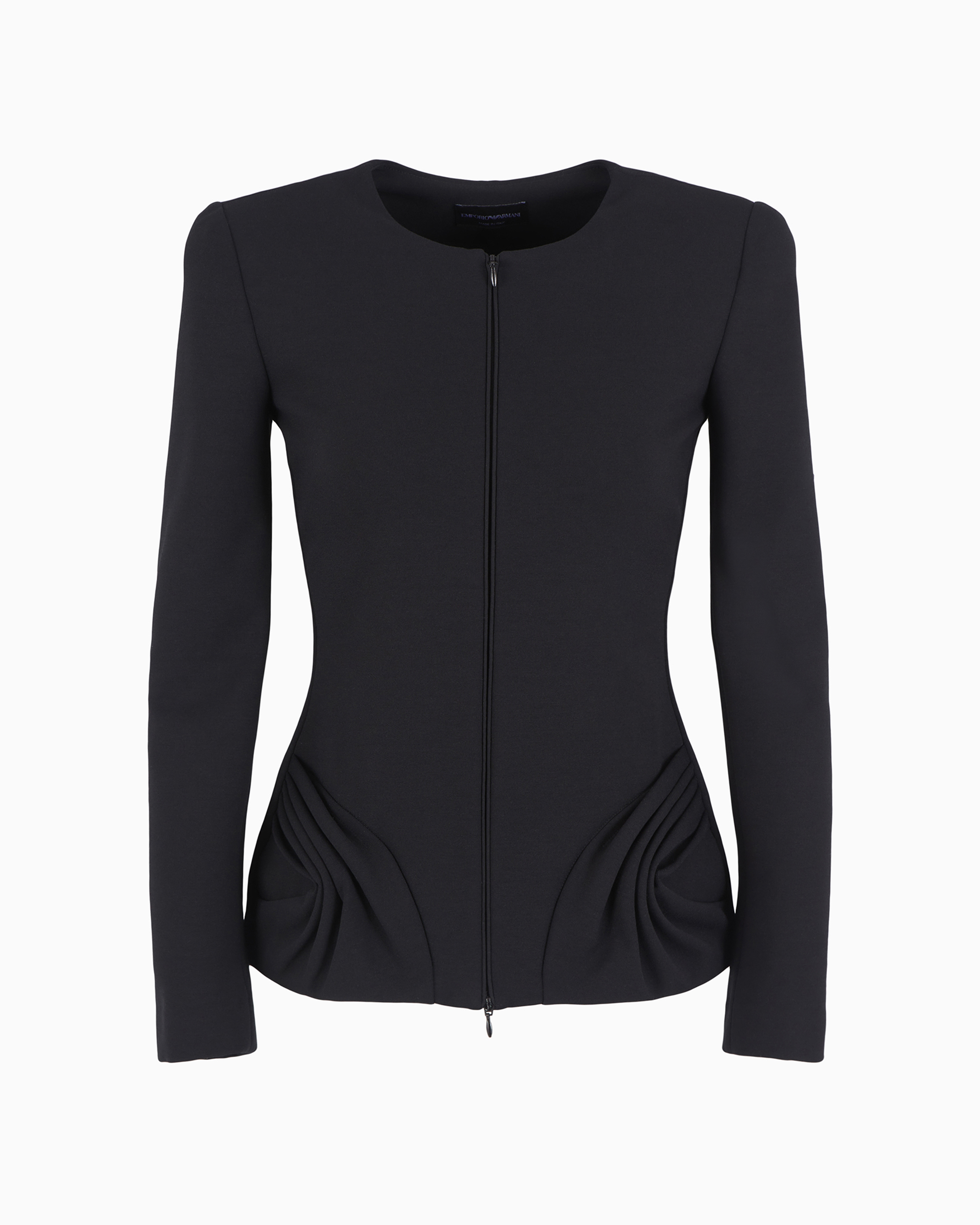 Emporio Armani Official Store Stretch Milano Stitch Fabric Zip-up Jacket With Side Draping In Black