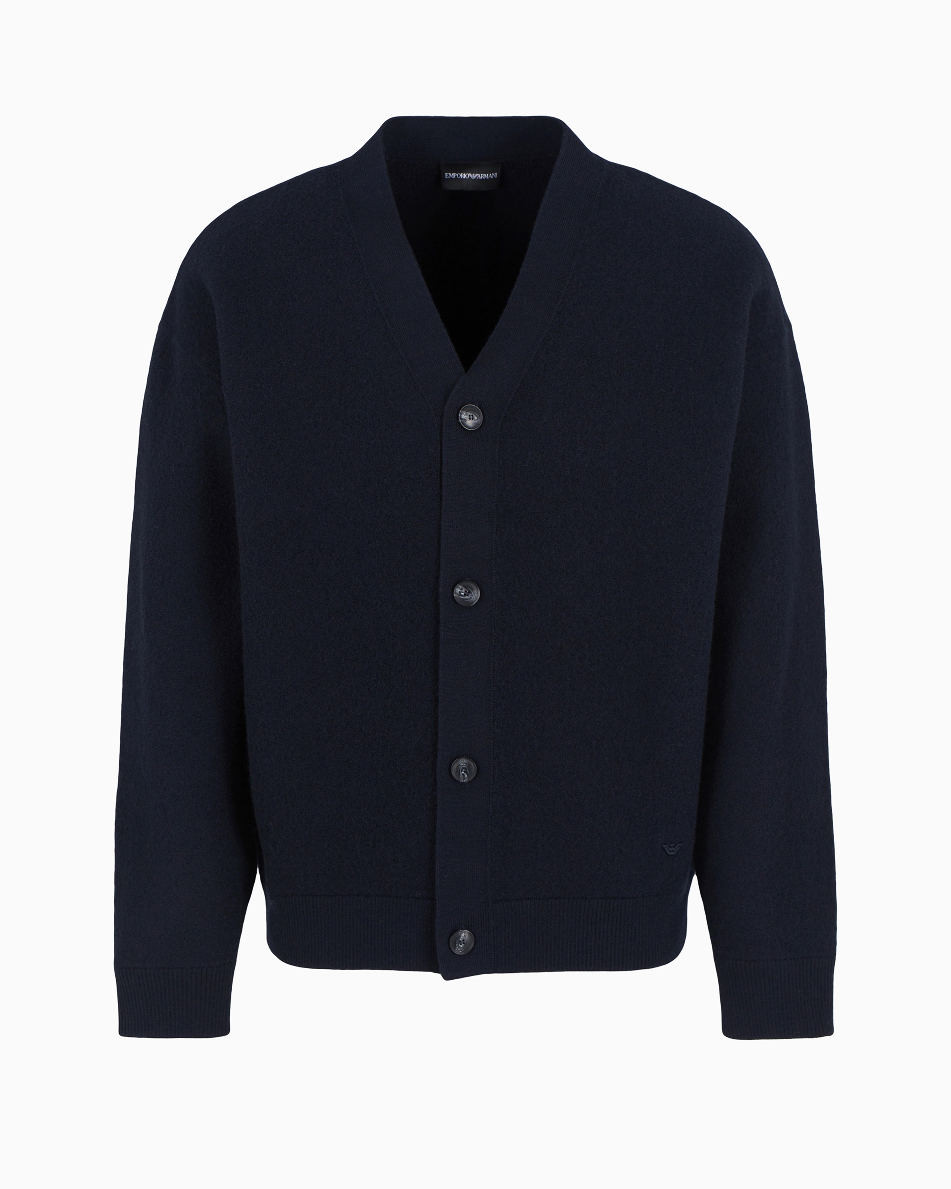 Emporio Armani Official Store V-neck Cardigan Made Of Virgin Wool With A Jersey-fleece Effect In Navy Blue