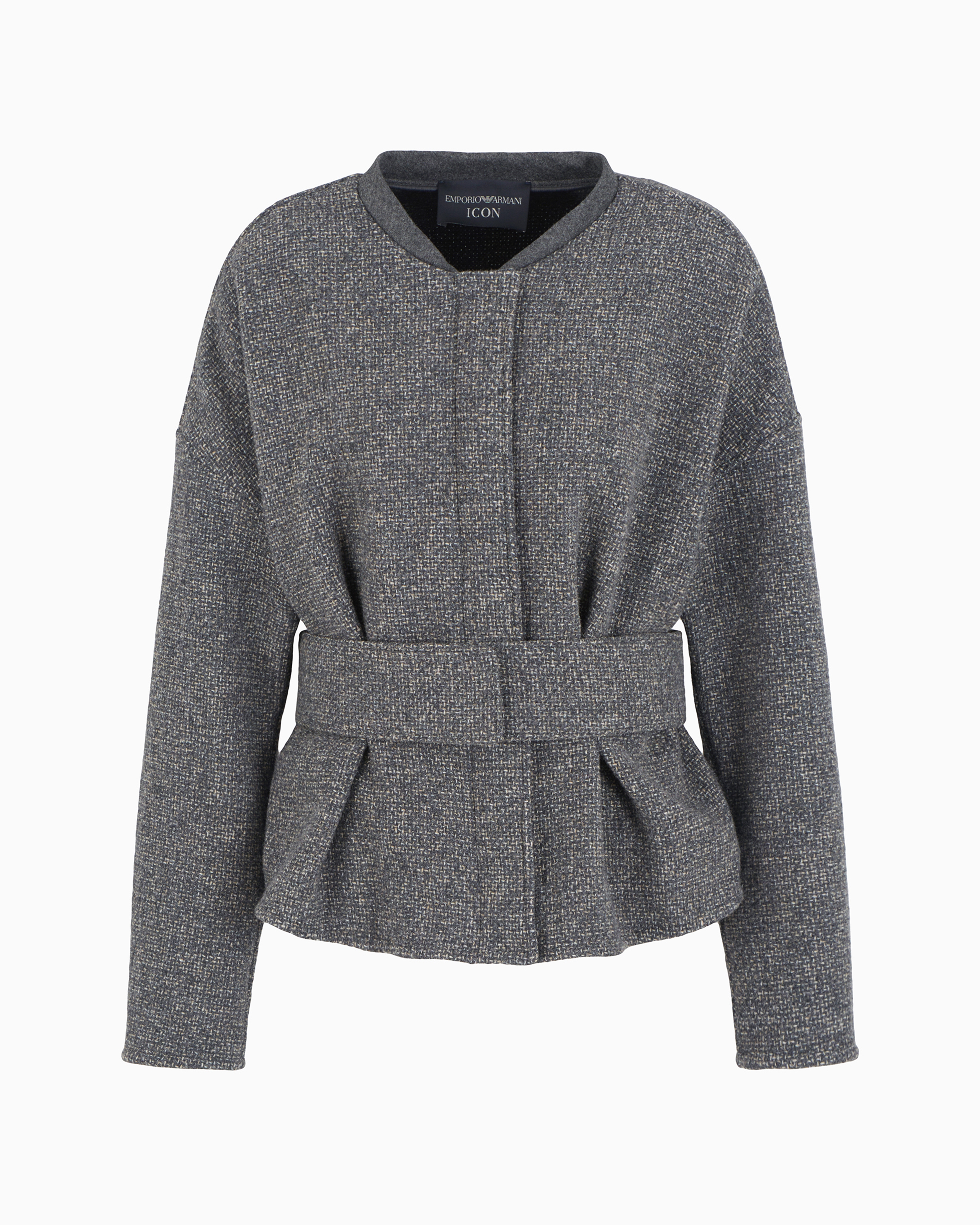 Emporio Armani Official Store Icon Belted Wool-blend Basketweave Jacket In Gray