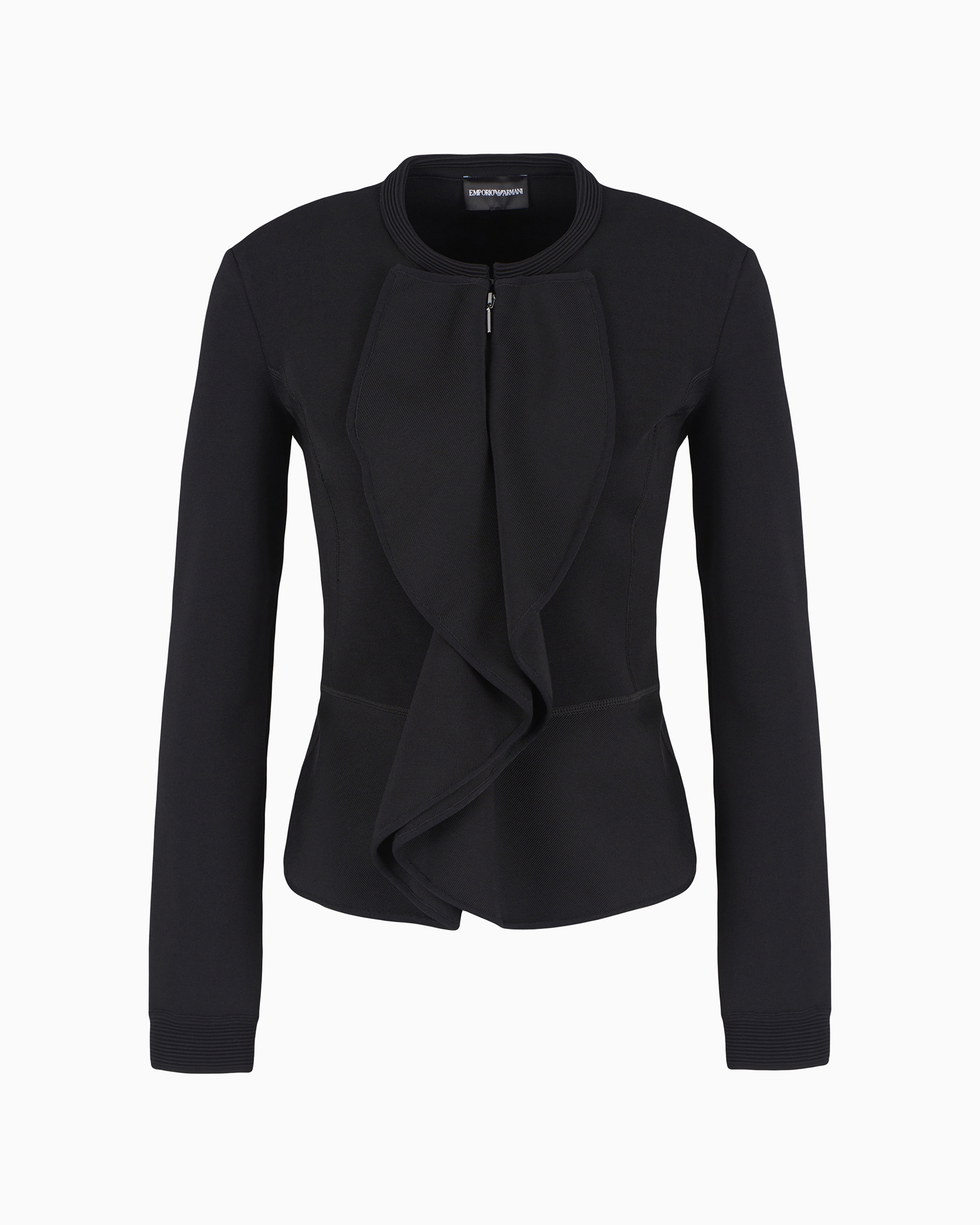 Emporio Armani Official Store Zipped Jacket With Ruffles In Milano-stitch Fabric In Black