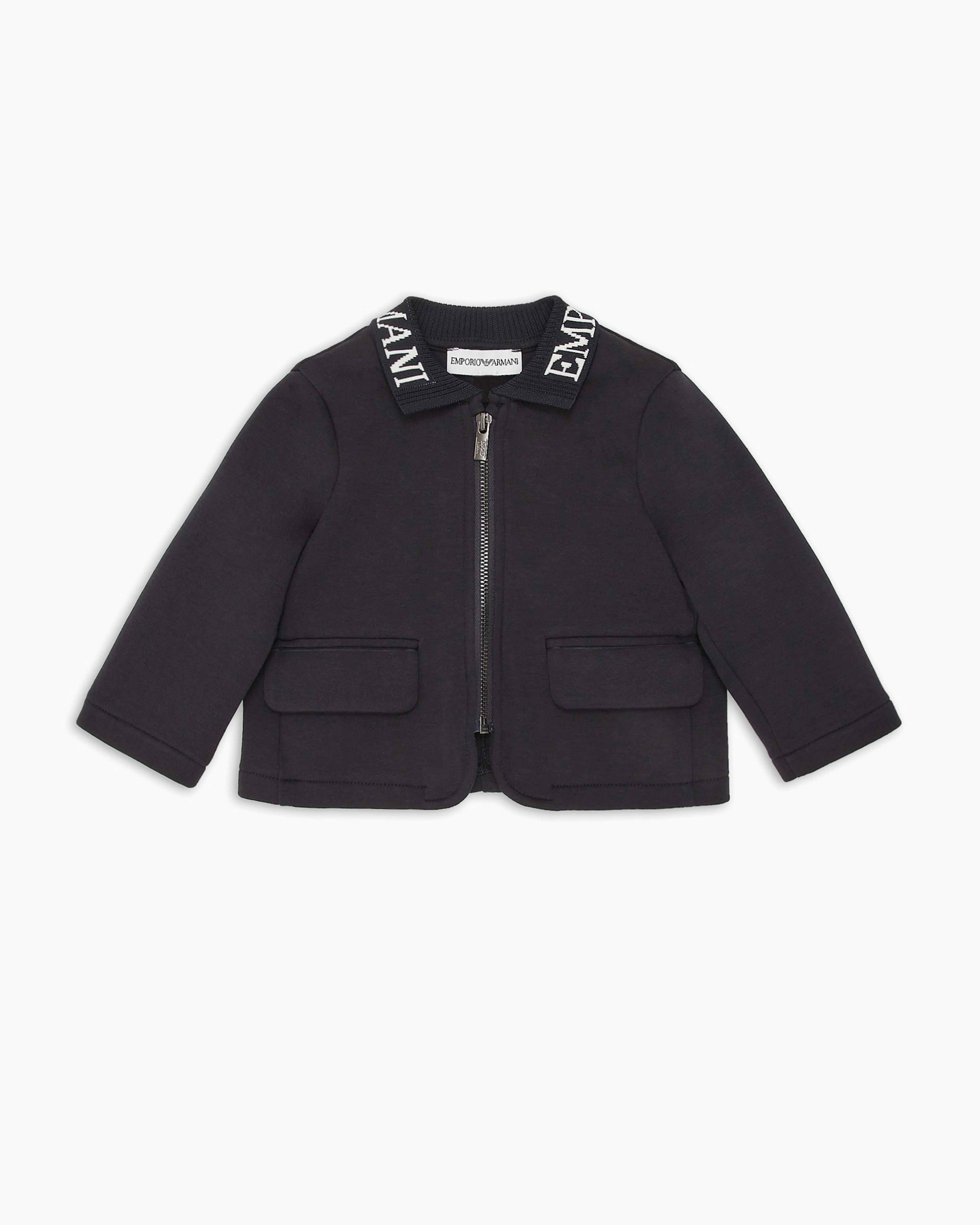 Shop Emporio Armani Double-jersey Zip-up Jacket With Logo Collar In Navy Blue