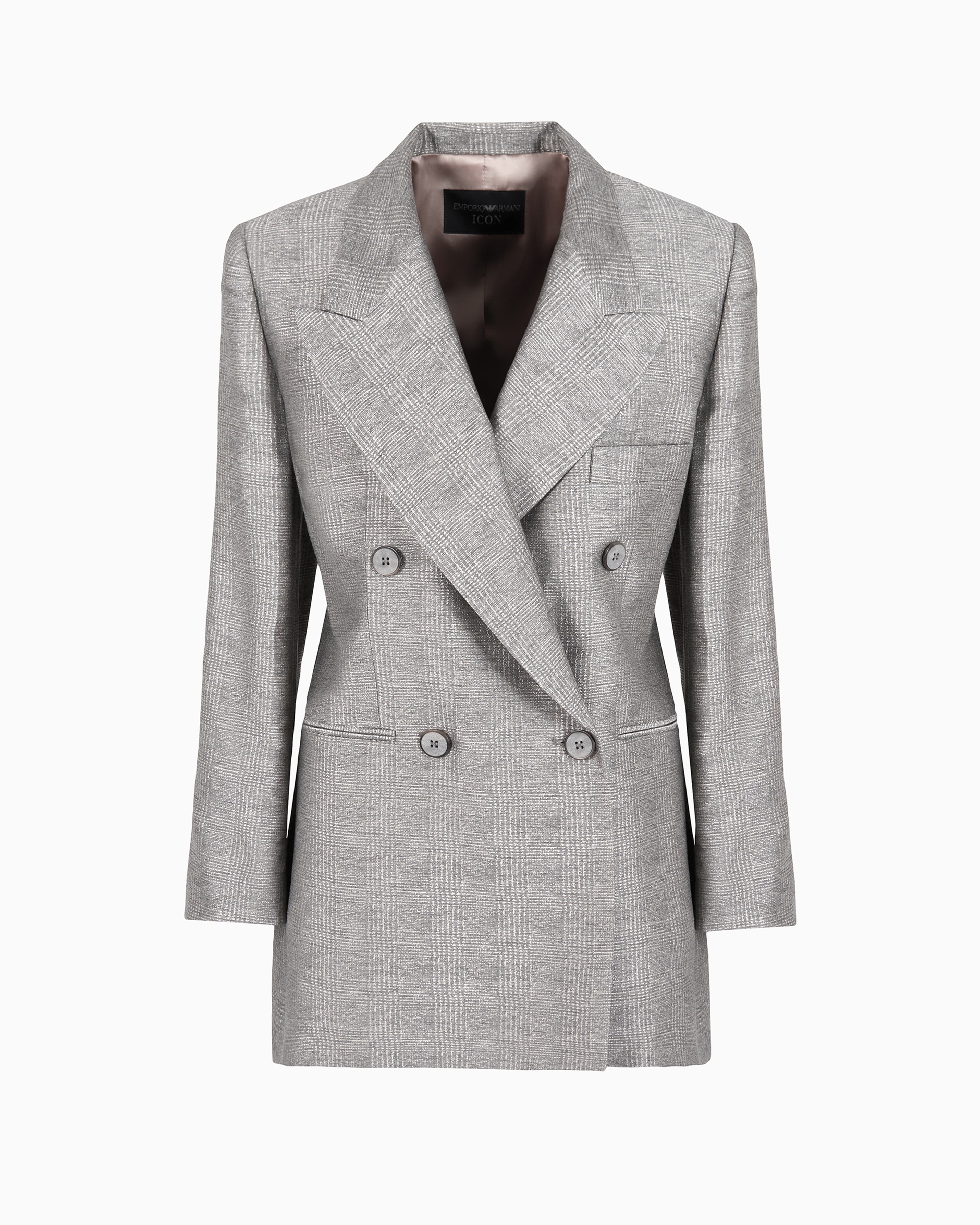 Shop Emporio Armani Icon Double-breasted, Prince Of Wales Check Viscose Blazer In Grey