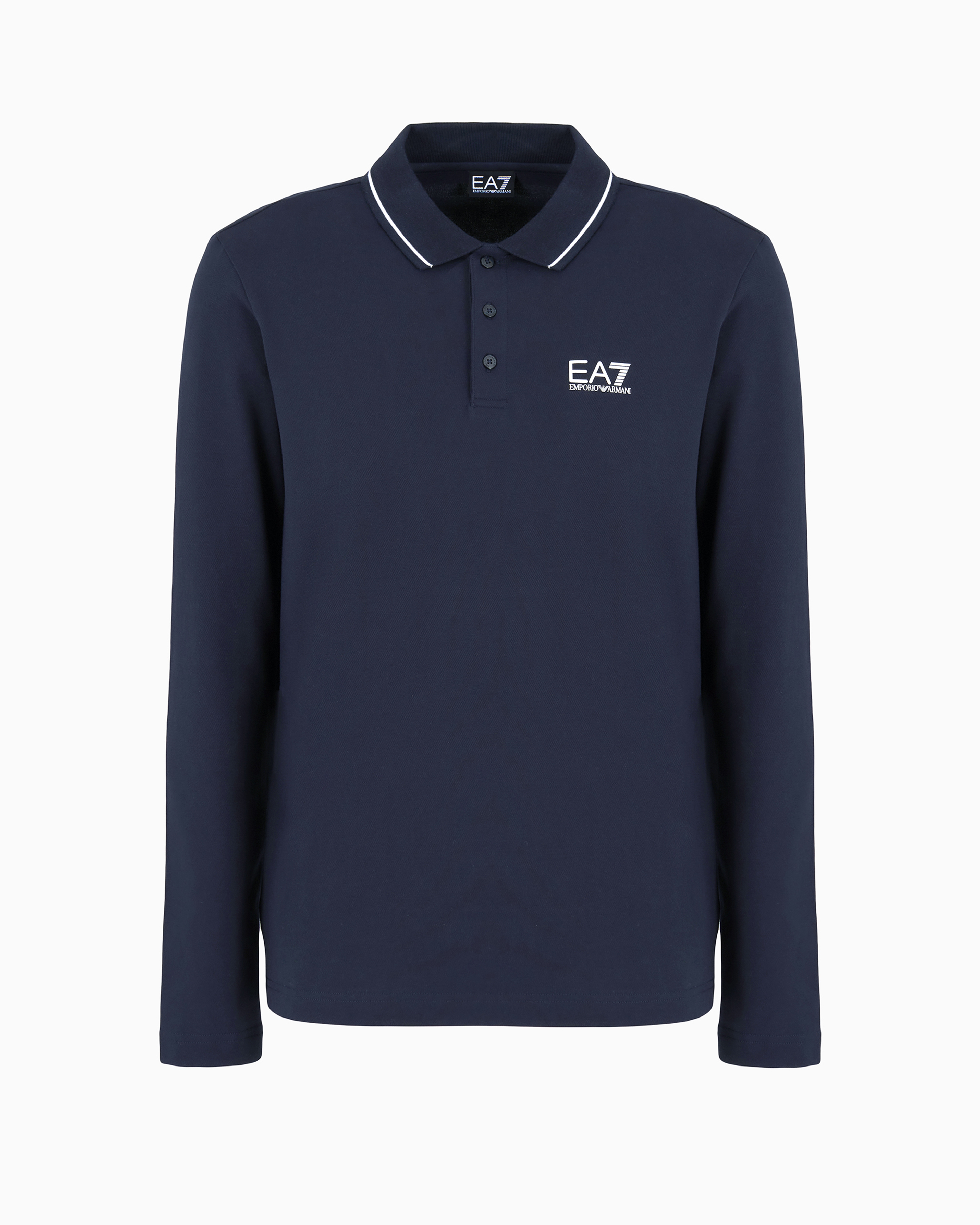 Ea7 Core Identity Stretch-cotton, Long-sleeved Polo Shirt In Navy Blue