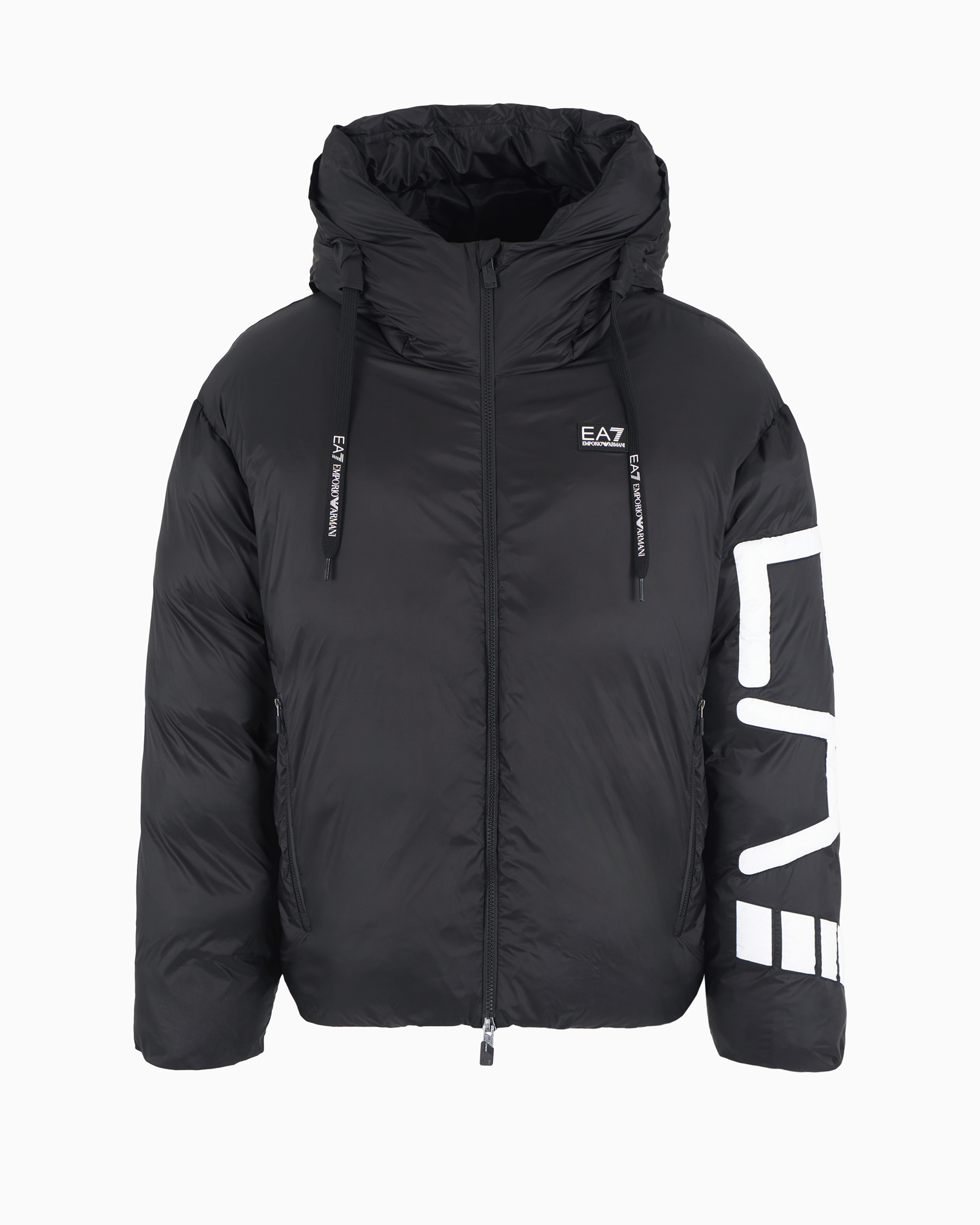 Ea7 Technical Fabric Padded Jacket With Hood In Black