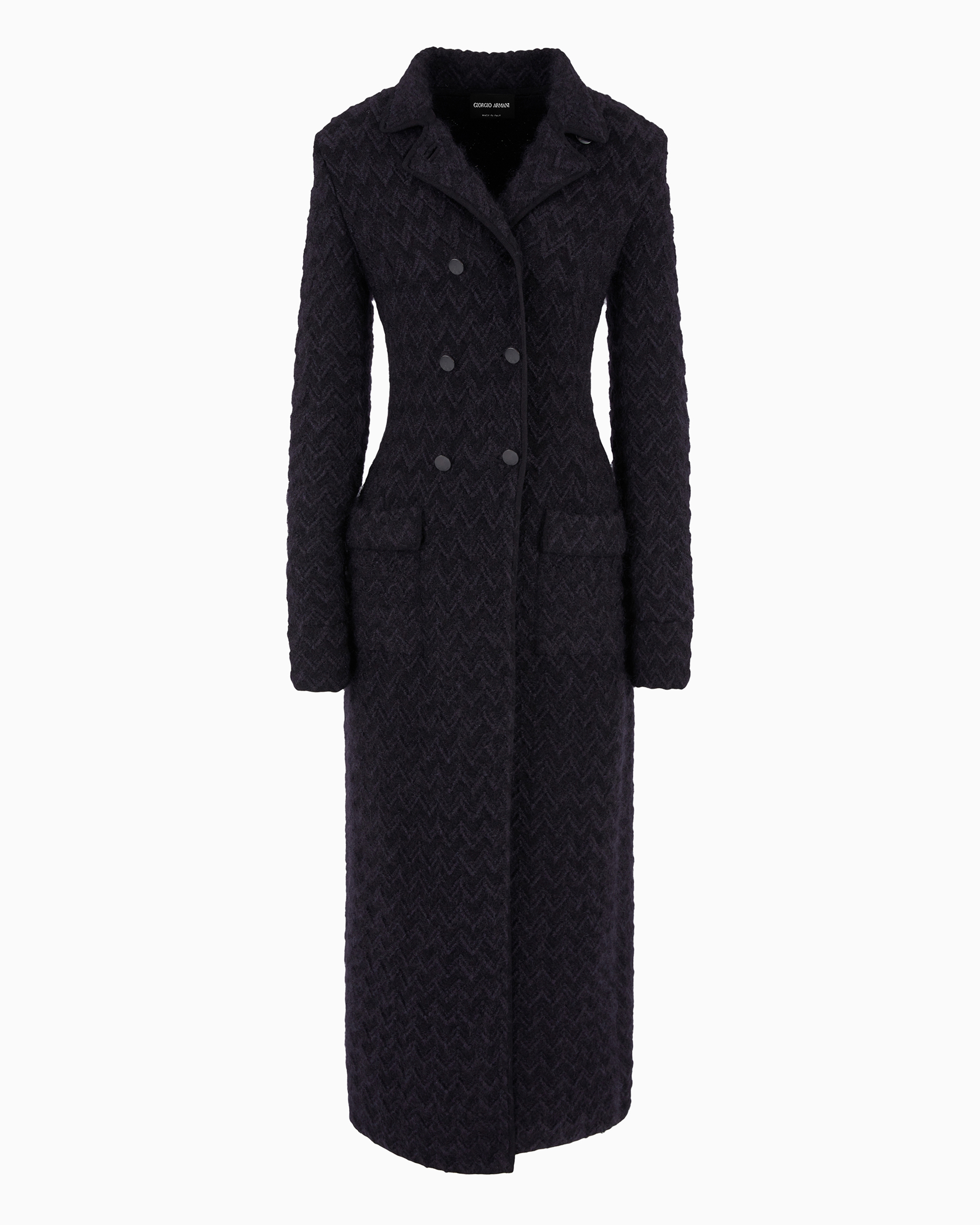 Giorgio Armani Long Double-breasted Coat In Chevron Jacquard Viscose, Silk And Mohair Wool In Black